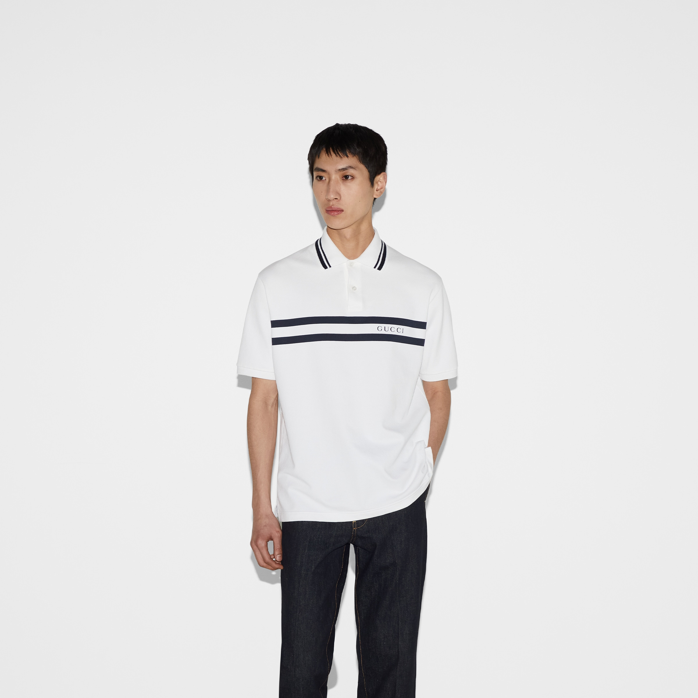 Cotton polo shirt with Gucci print - 3