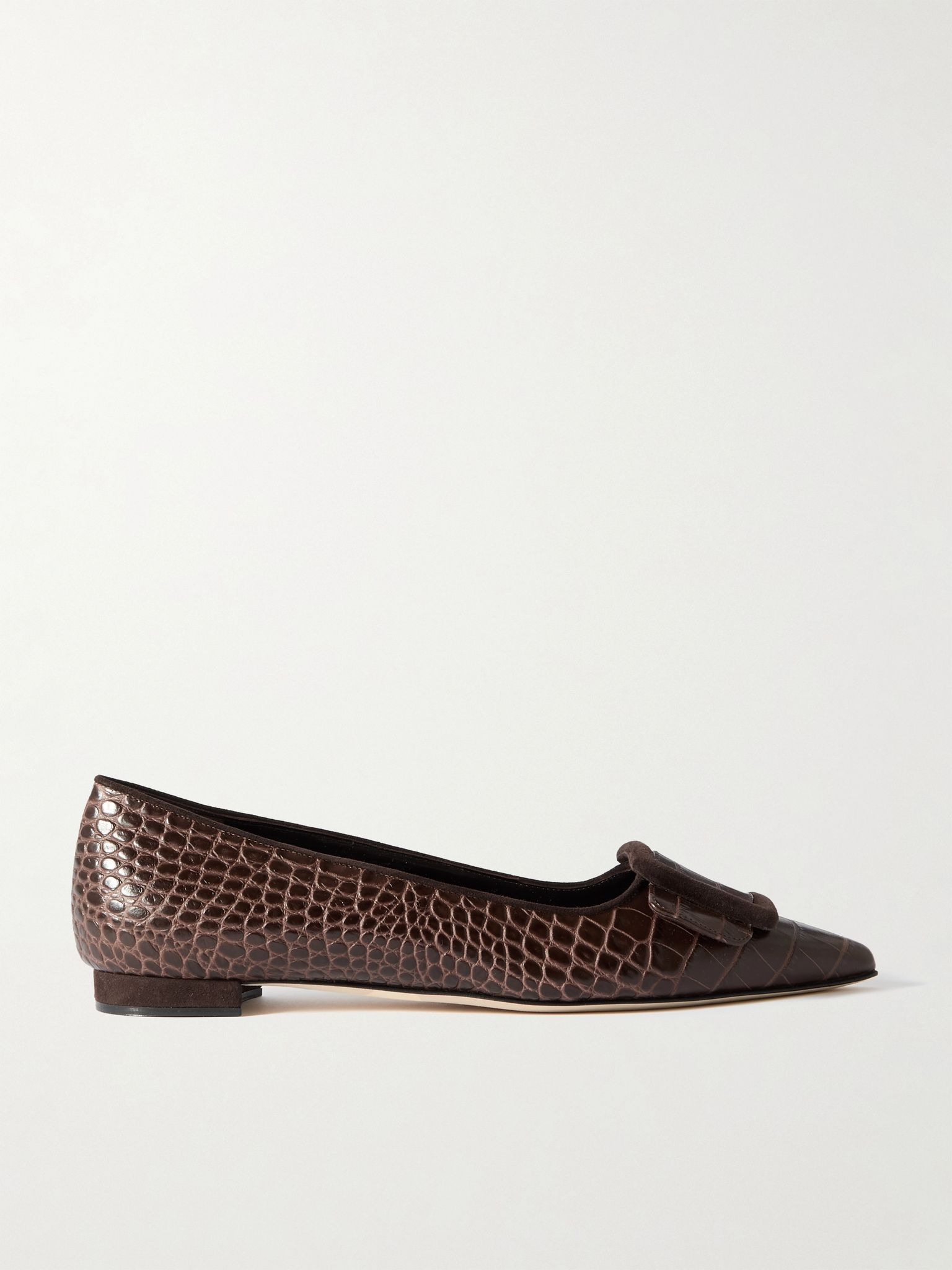 Maysale 10 buckled suede-trimmed croc-effect leather point-toe flats Brown - 1