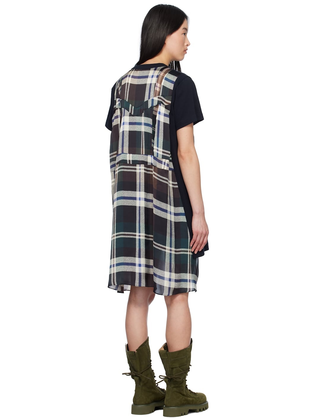 Black & Green Plaid Print Cotton Jersey Minidress - 3