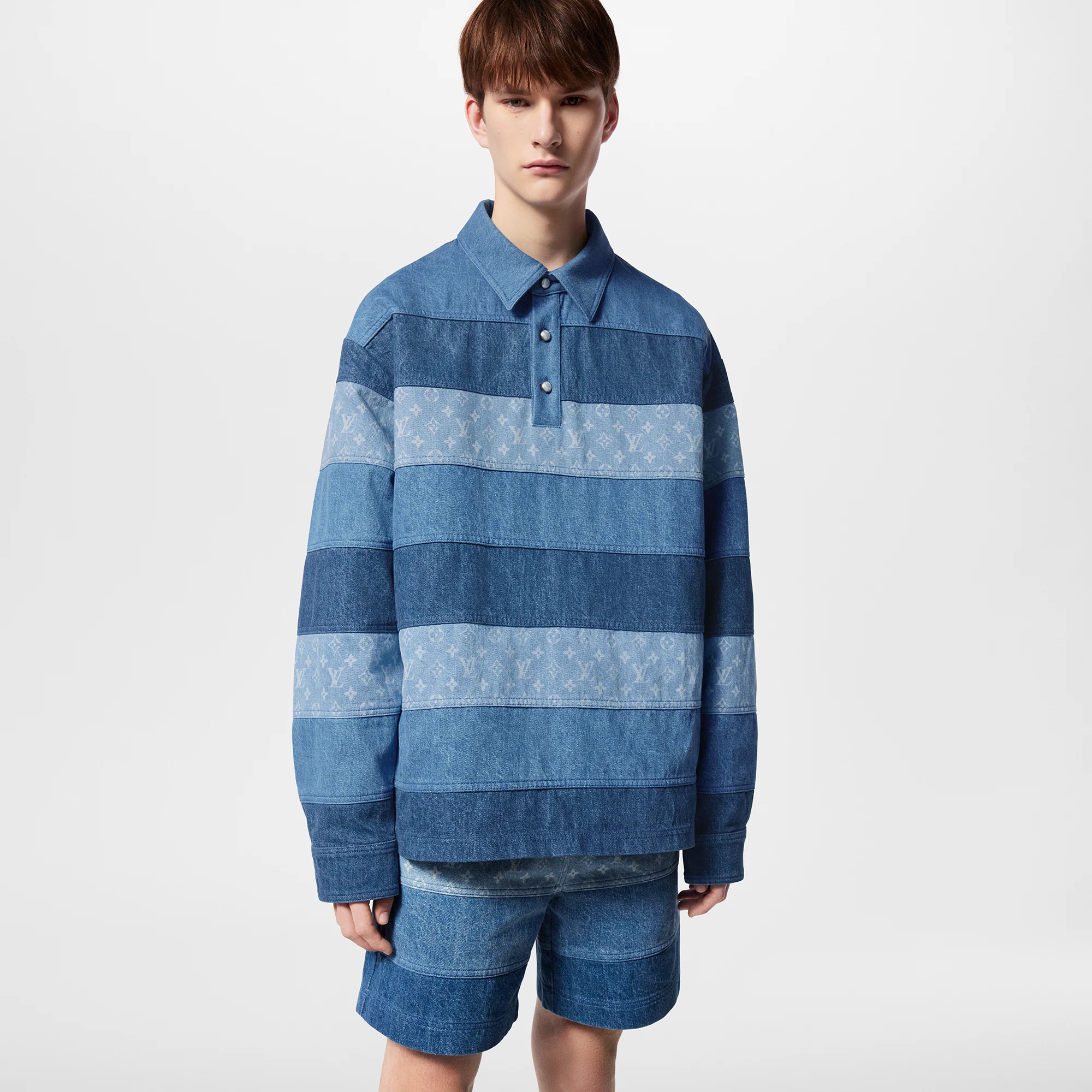 Patchwork Long-Sleeved Denim Polo Shirt - 2