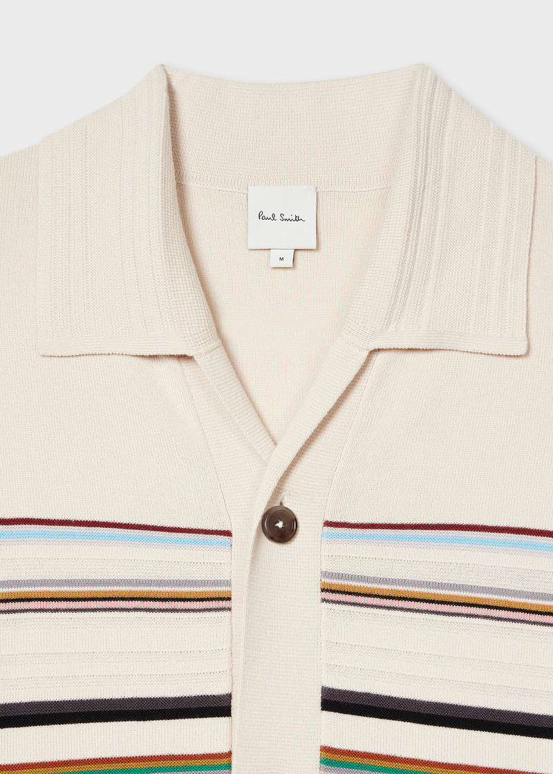 Ecru 'Signature Stripe' Knitted Cotton Short-Sleeve Shirt 6