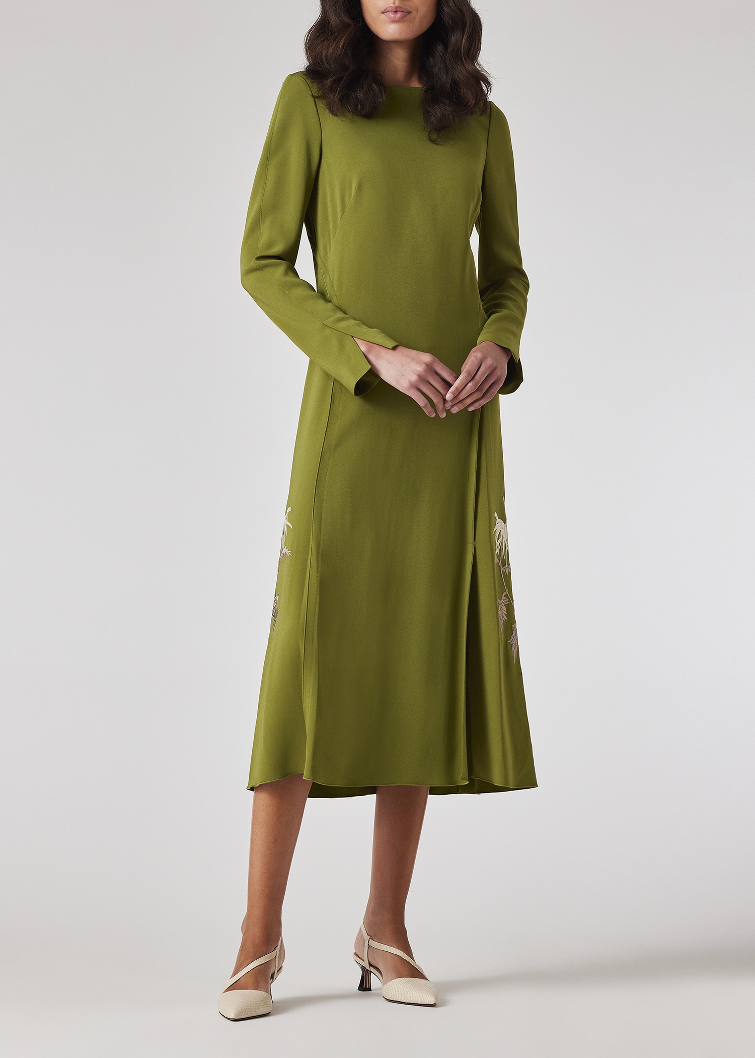 Women's Moss Green Embroidery Long-Sleeve Dress - 5