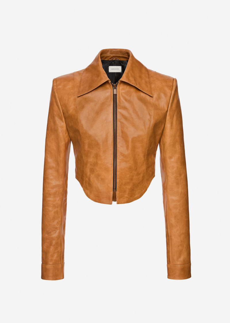 Curved hem leather jacket in camel 1