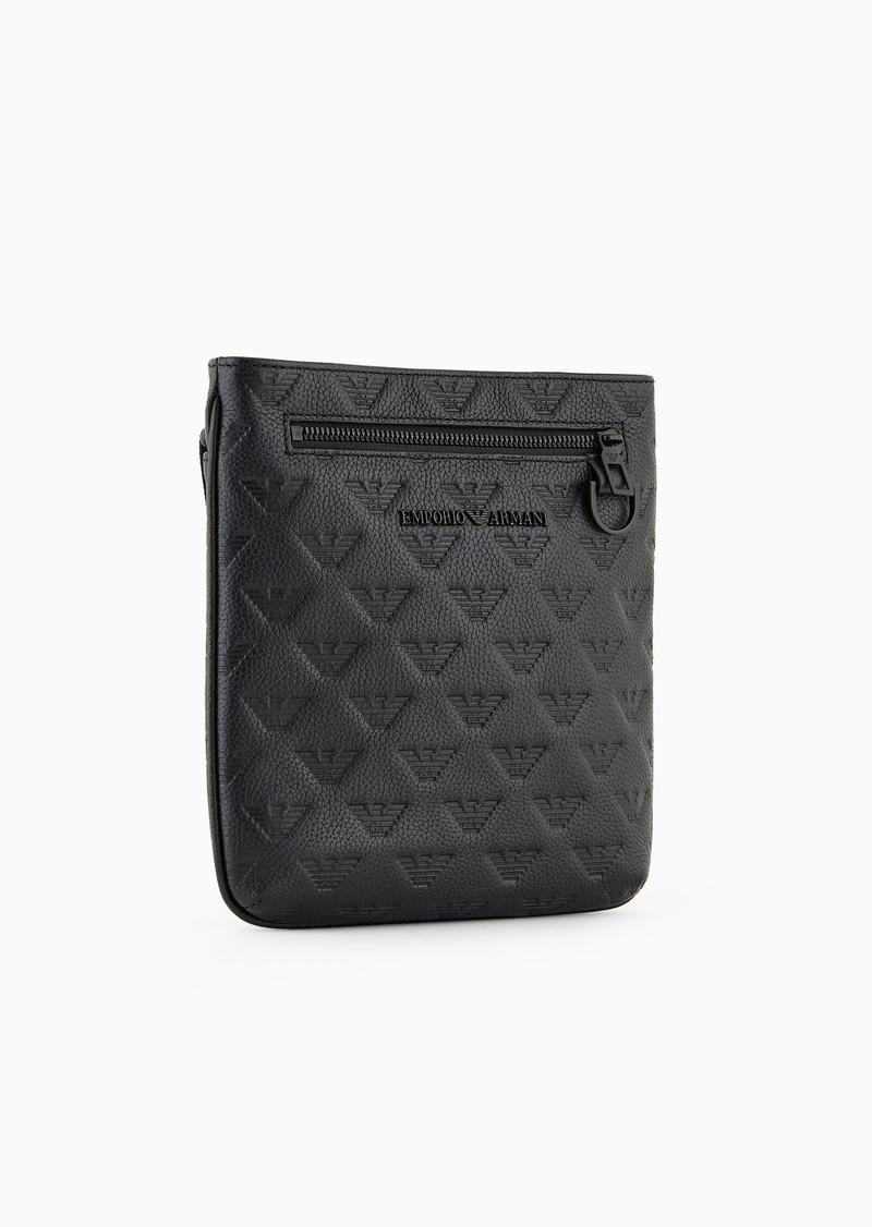 EMPORIO ARMANI Flat leather shoulder bag with all-over embossed eagle outlook