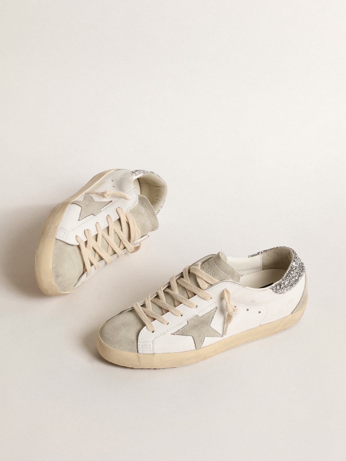 Golden Goose Super-Star with gray star and silver glitter
