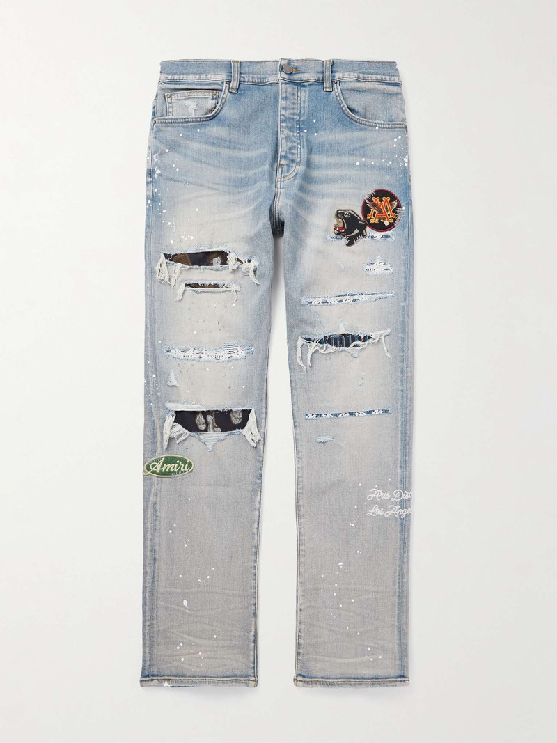 Skinny-Fit Appliquéd Distressed Paint-Splattered Jeans - 1