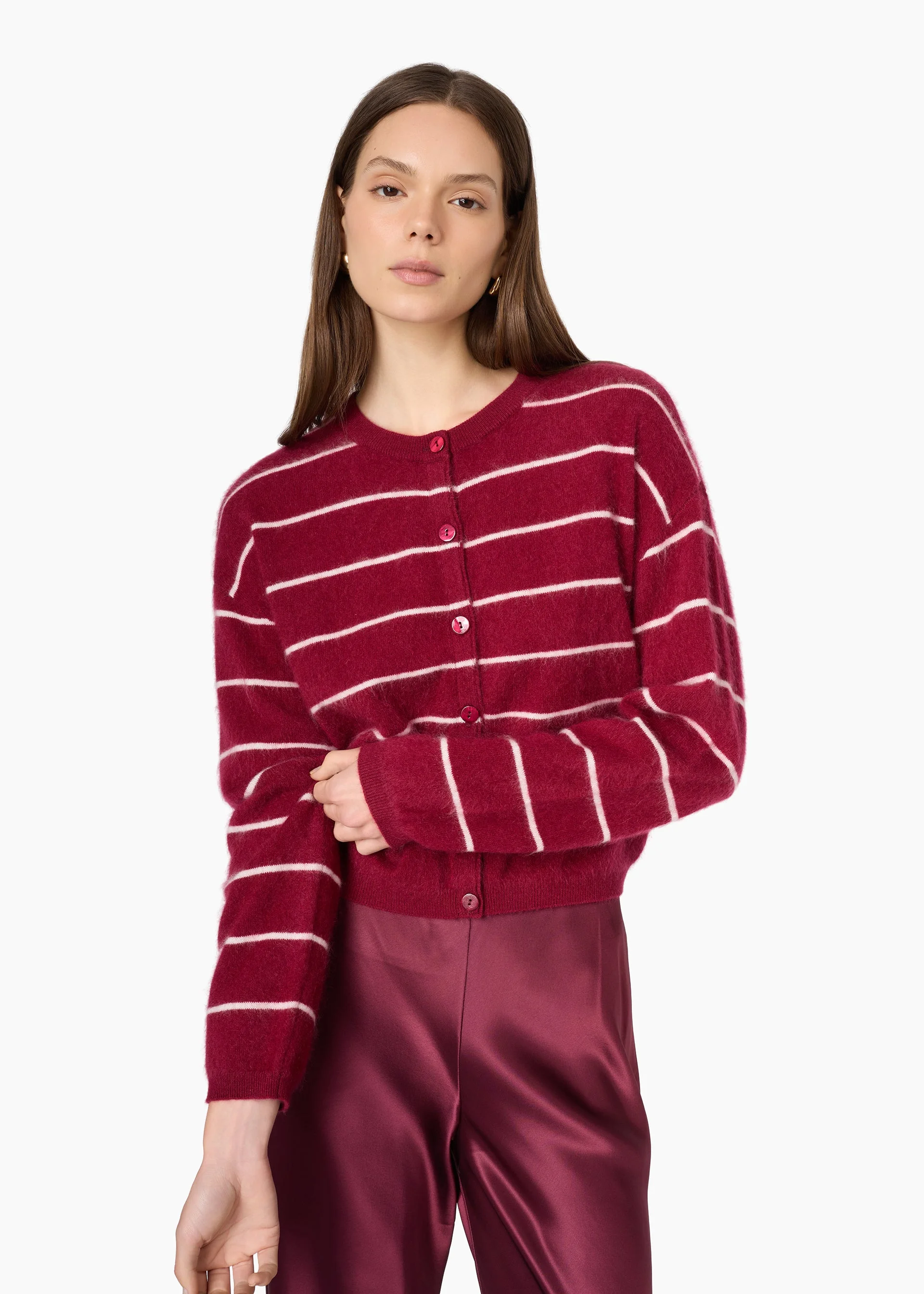 BENNING CASHMERE STRIPED CARDIGAN PLUM STRIPE - 1