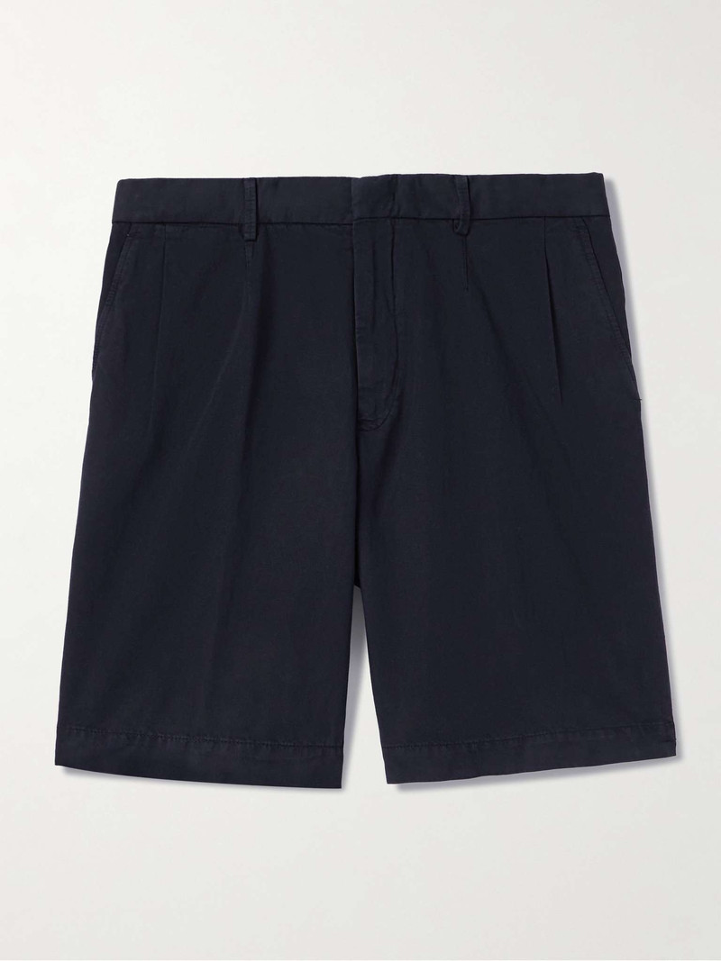 Straight-Leg Pleated Cotton and Linen-Blend Twill Shorts 1