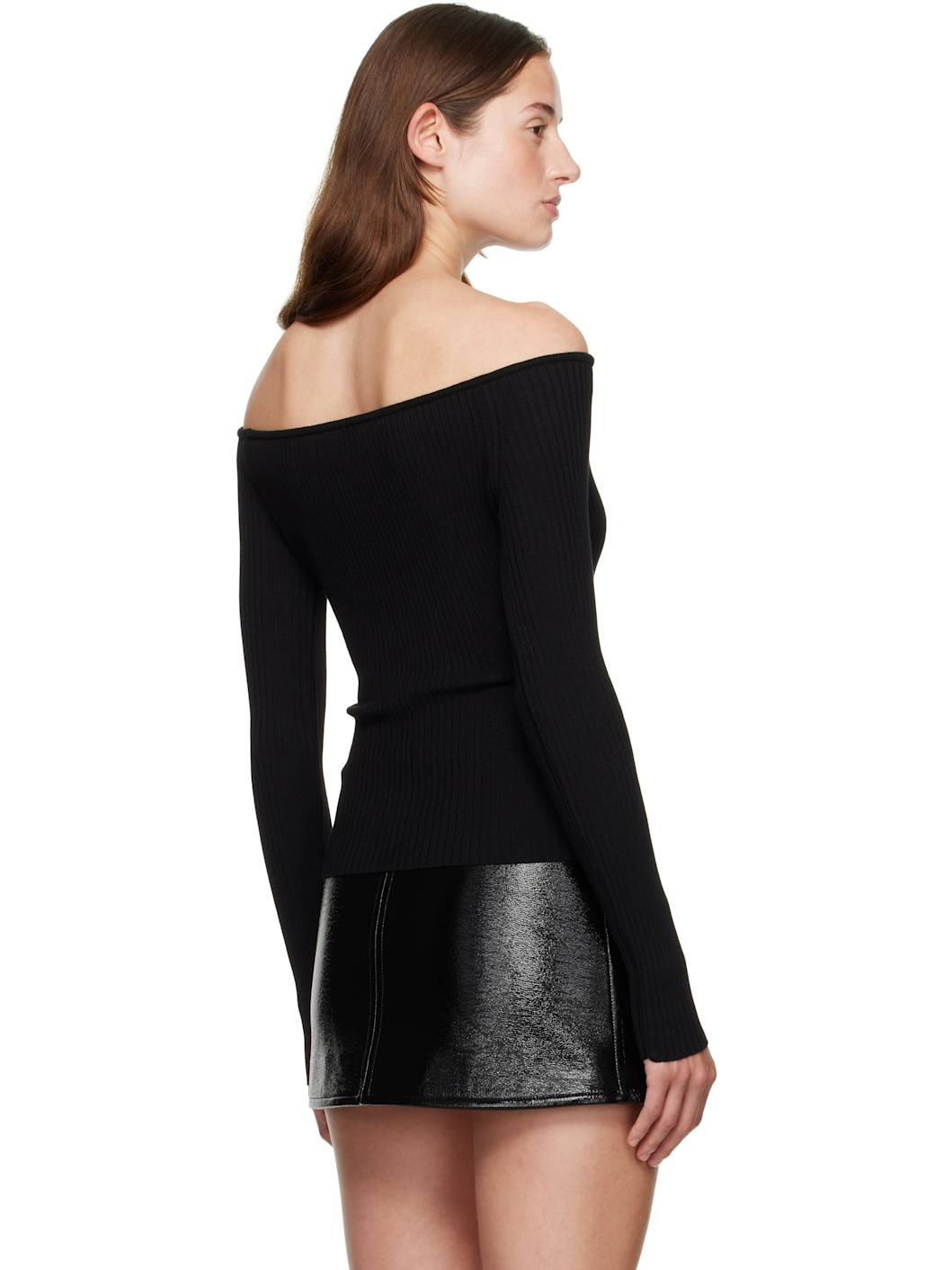 Black Off Shoulder Rib Knit Top - 3