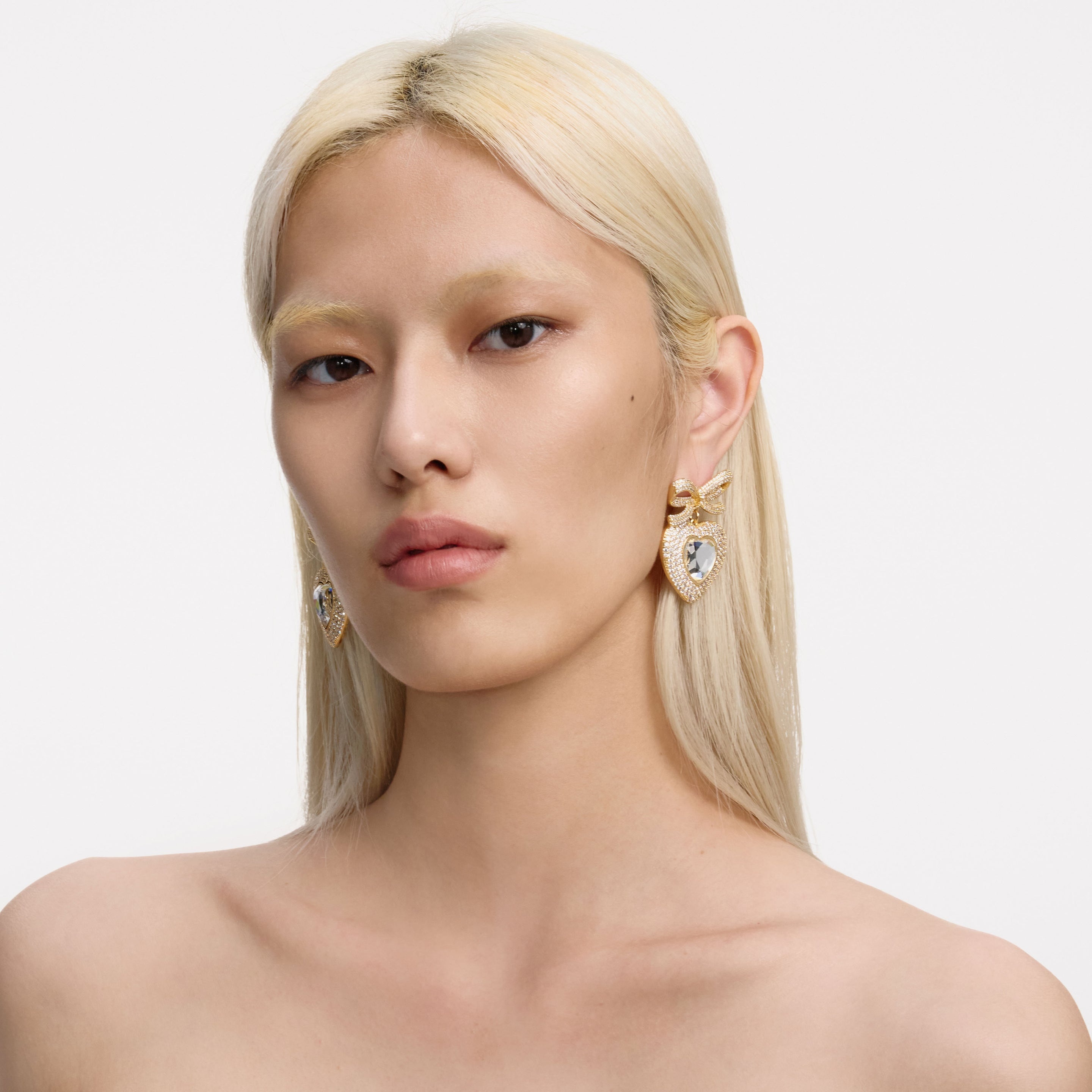 Gold Bow Crystal Heart Earrings - 4
