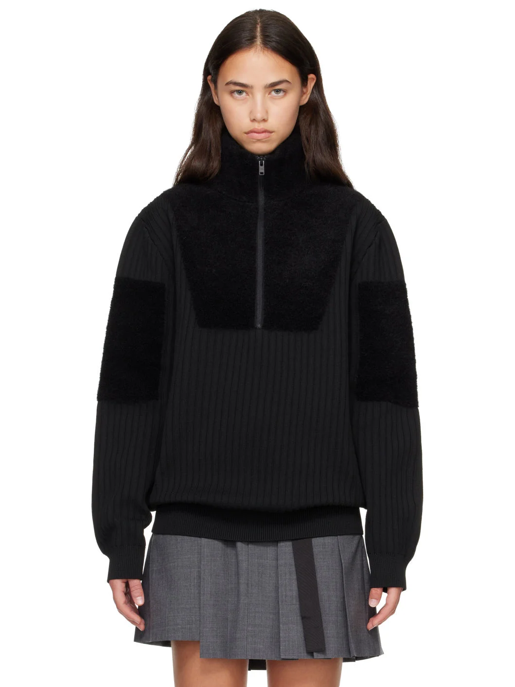 Black Knitted Panel Blocked Half Zip Sweater - 1