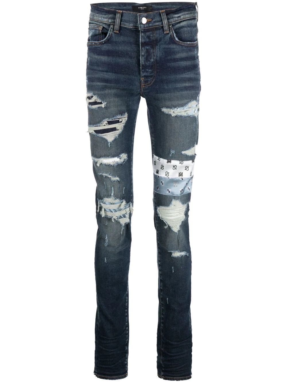 patchwork distressed slim jeans - 1