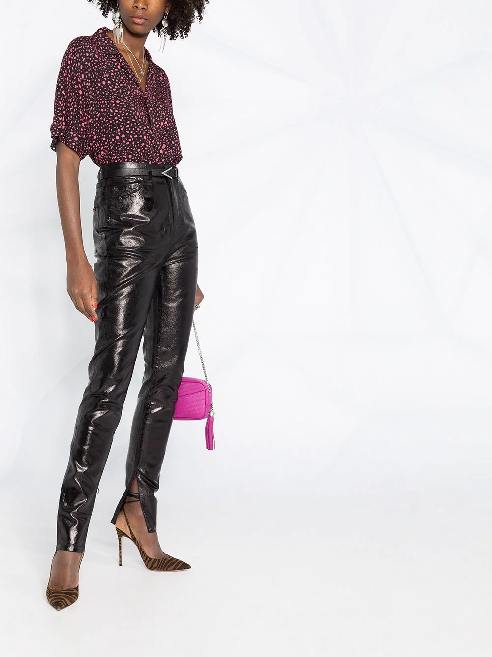 high-waisted leather effect trousers - 4