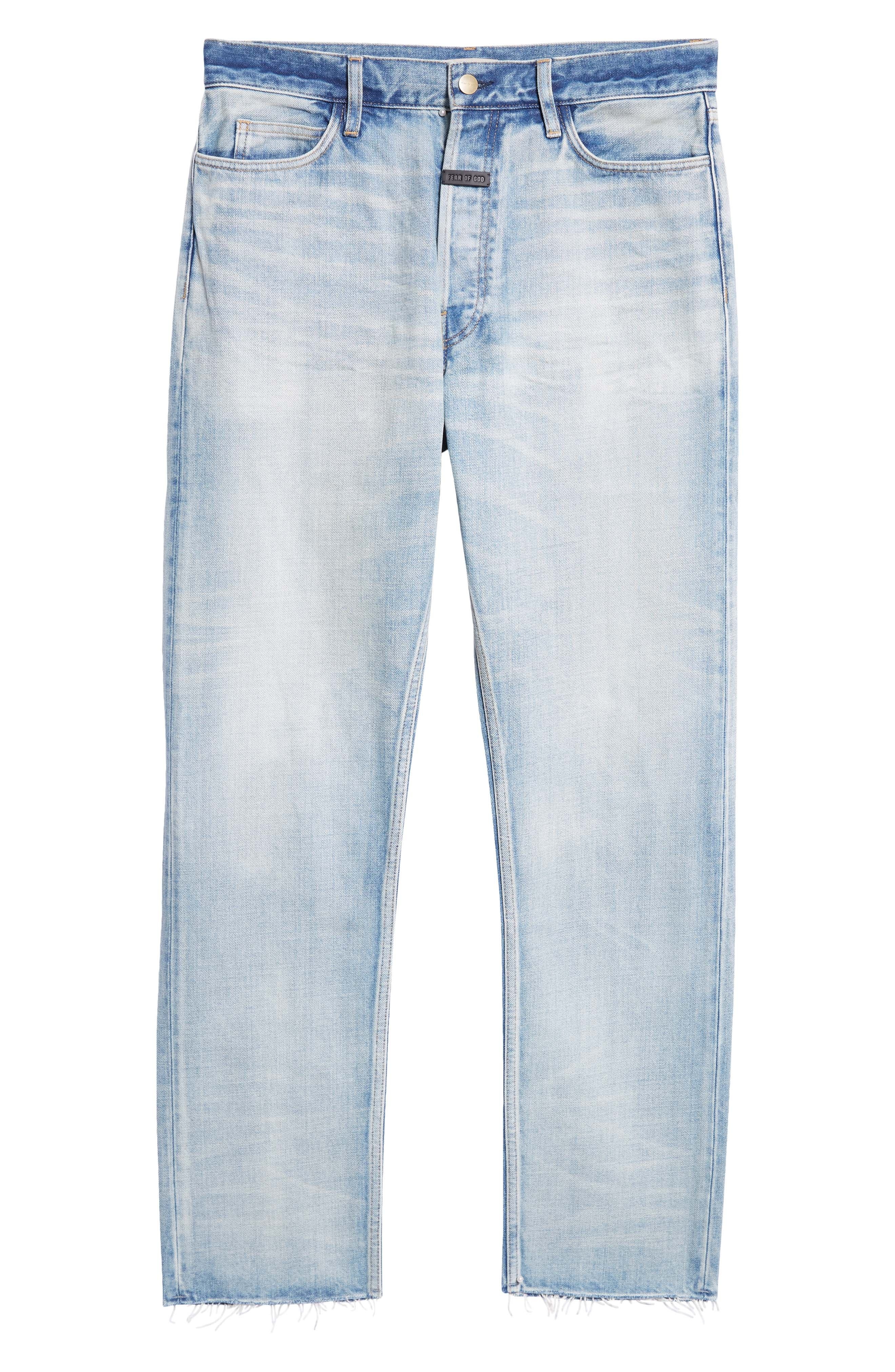 Fear of God Five-Pocket Raw Hem Straight Leg Jeans in Light Indigo at Nordstrom - 6