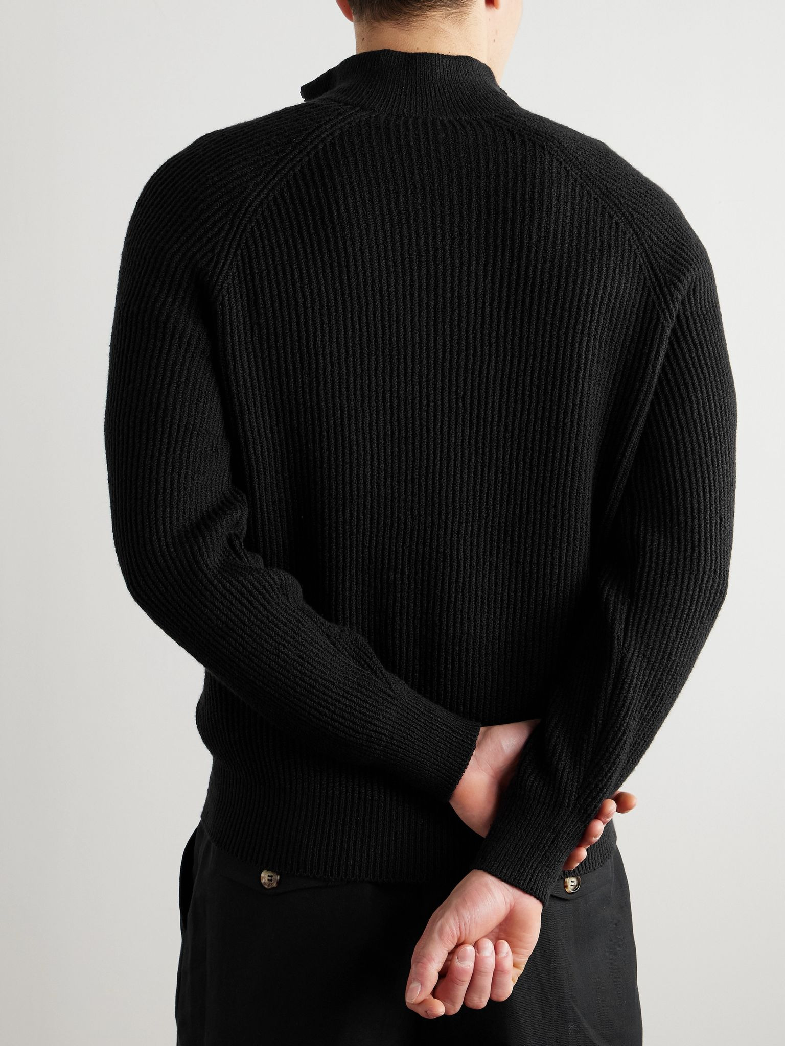 Ribbed Cotton Half-Zip Sweater Black - 4