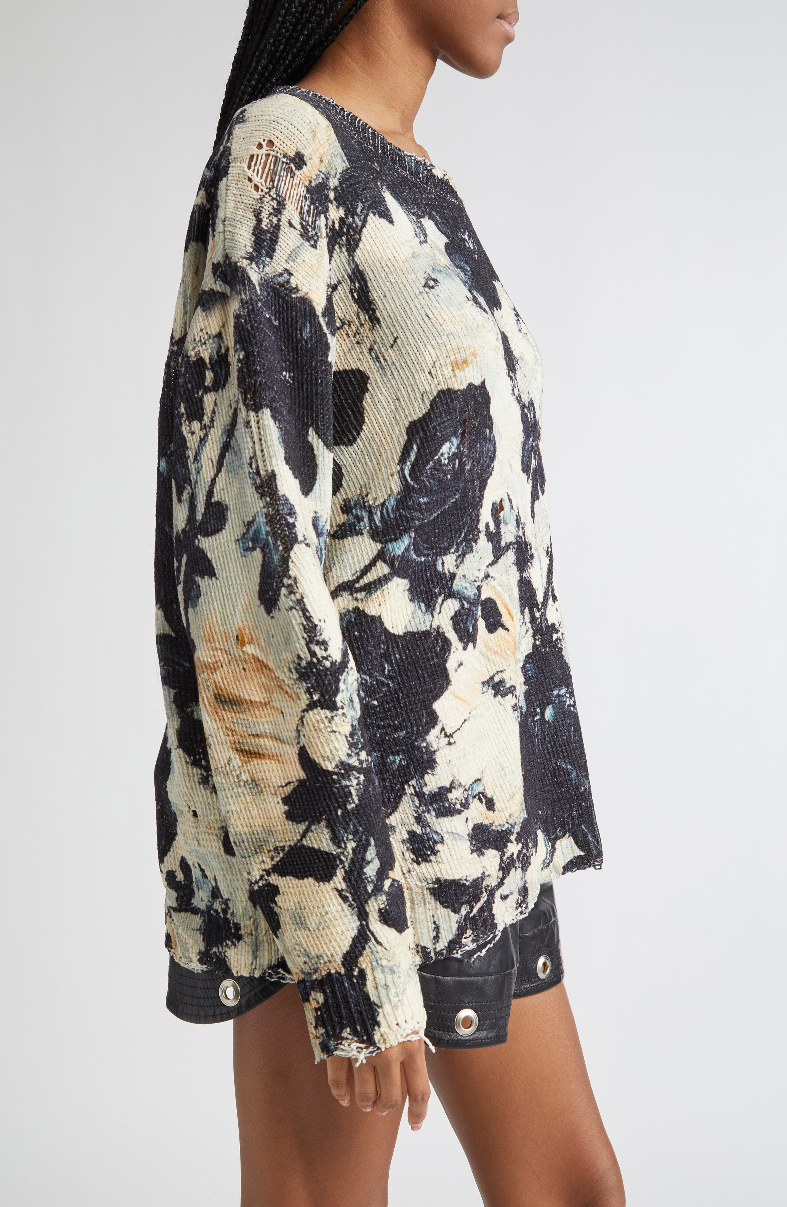R13 Distressed Floral Cotton Sweater in Black And Cream Floral at Nordstrom - 3