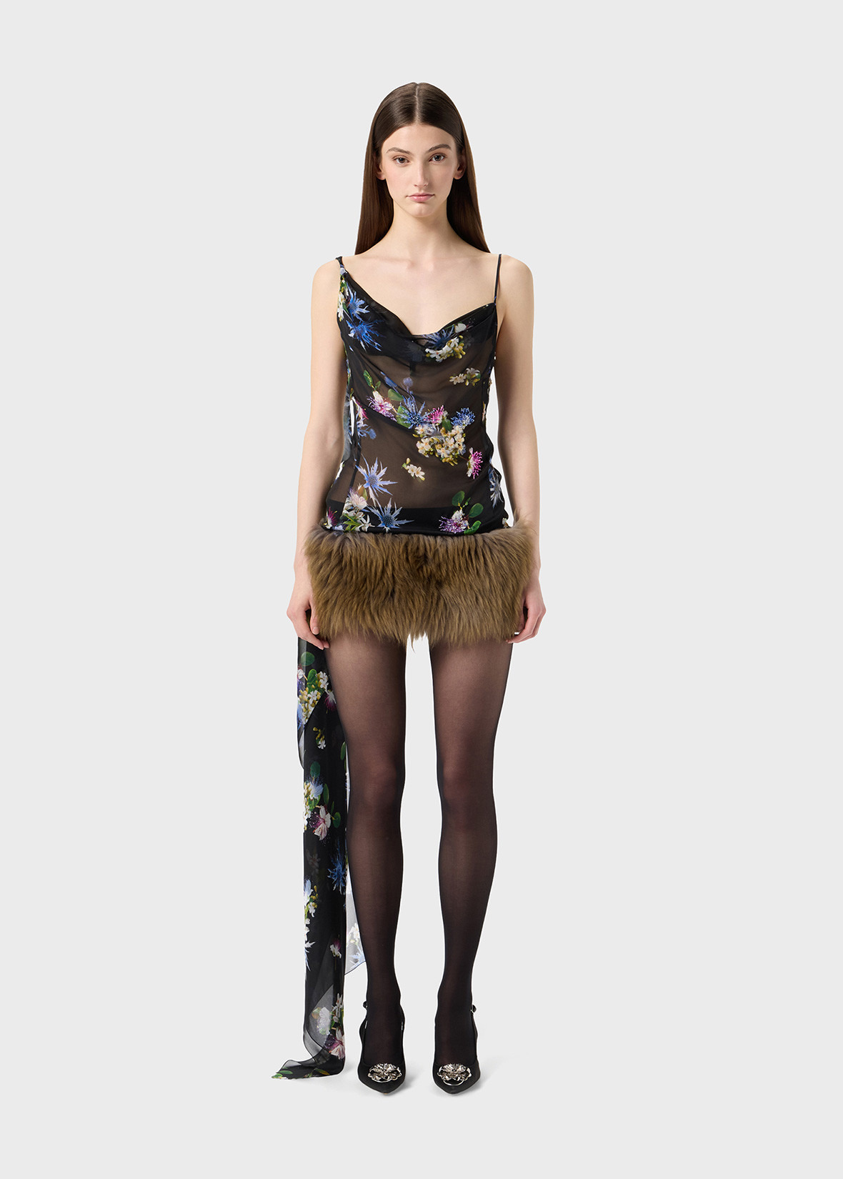 PRINTED CHIFFON DRESS WITH FUR LINING - 3