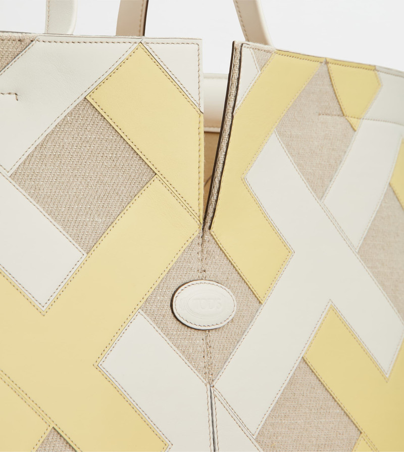 TOD'S DI BAG FOLIO IN LEATHER AND CANVAS MEDIUM - WHITE, GREY, YELLOW 6