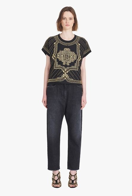 Cropped black eco-designed cotton T-shirt with embroidered gold-tone studs - 4