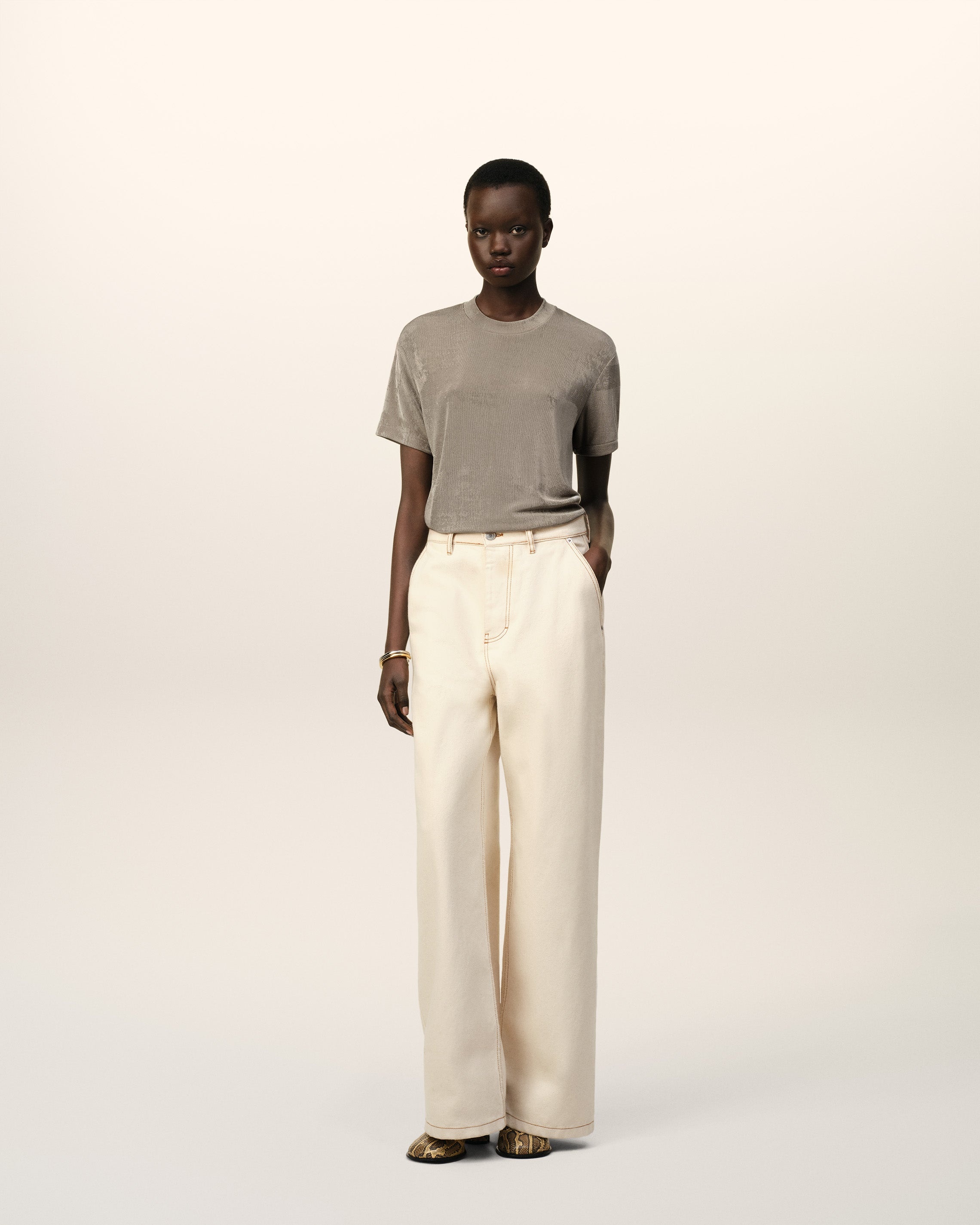 BEIGE SHINY JERSEY SHORT SLEEVE T-SHIRT - 2