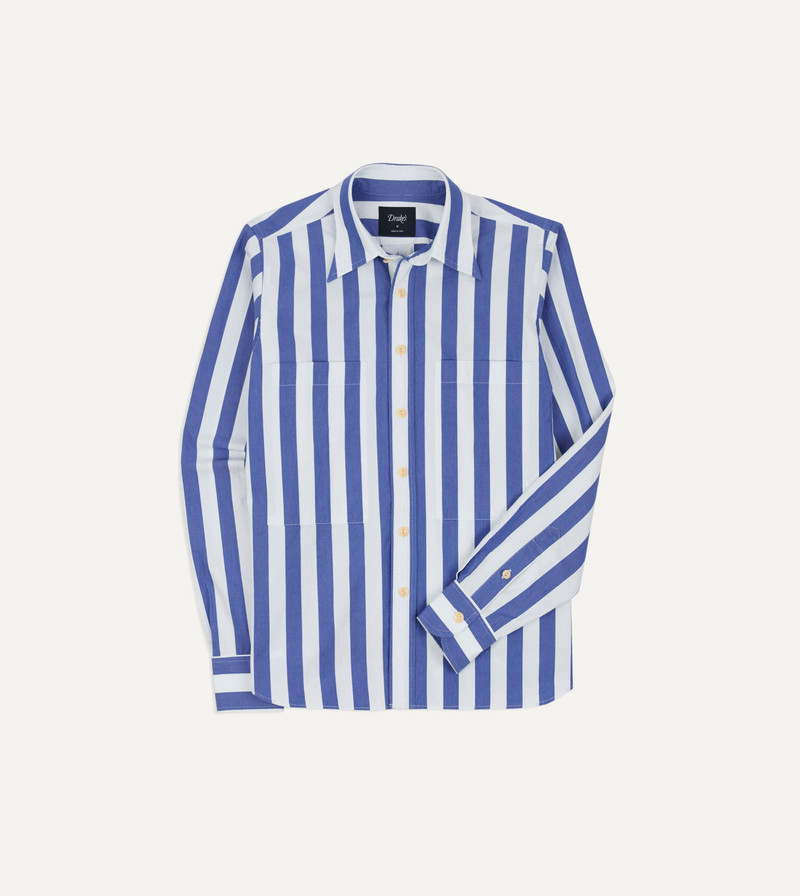 Blue and White Awning Stripe Cotton Long Point Collar Shirt - 1