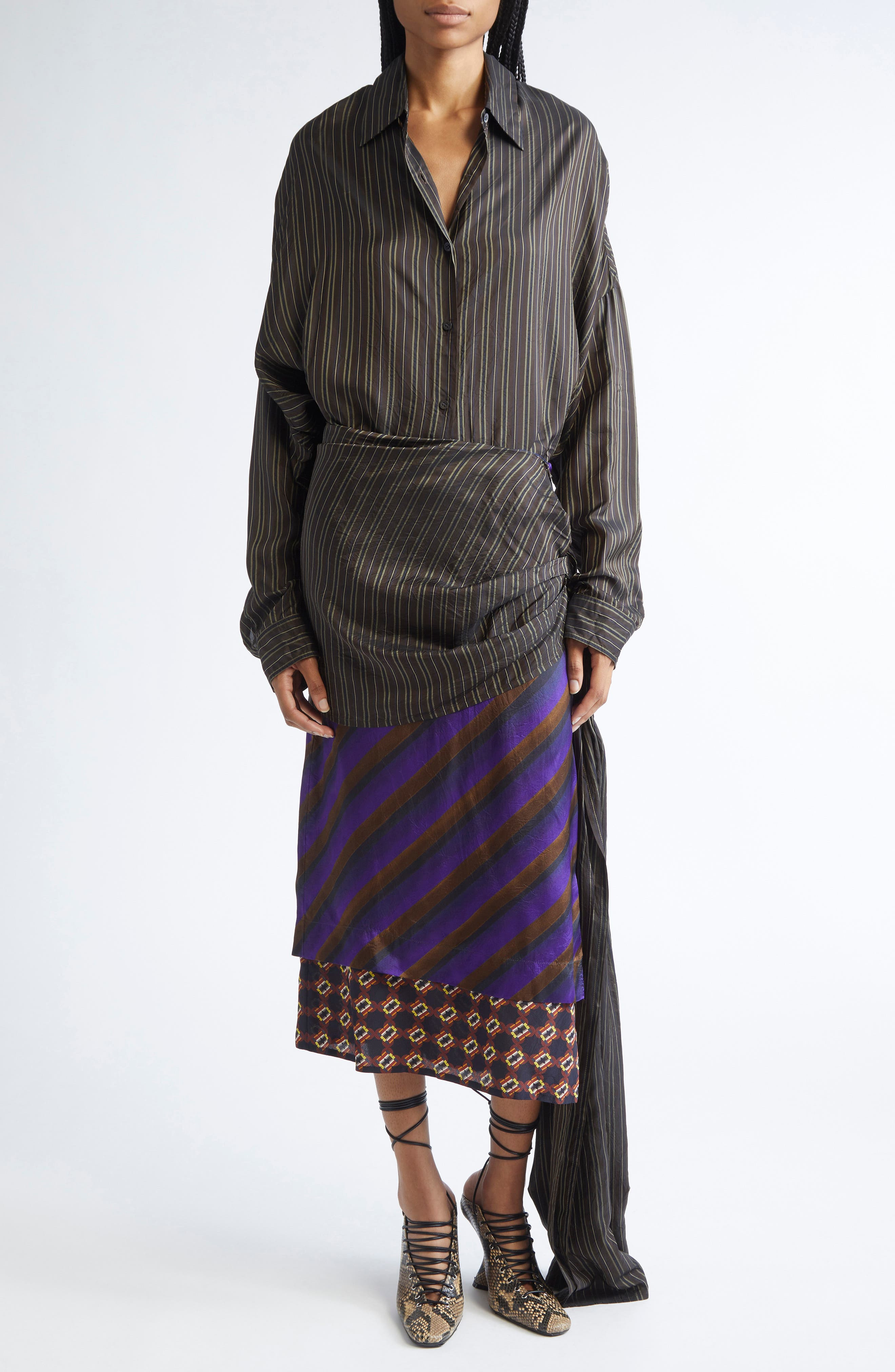 Dries Van Noten Casia Stripe Oversize Cupro Cocoon Shirt in Brown at Nordstrom - 2