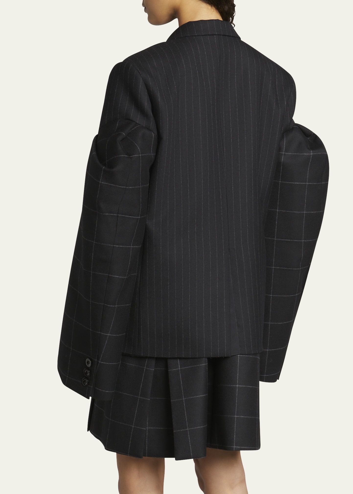 Pinstripe Windowpane Wool Blazer with Oversized Sleeves - 3