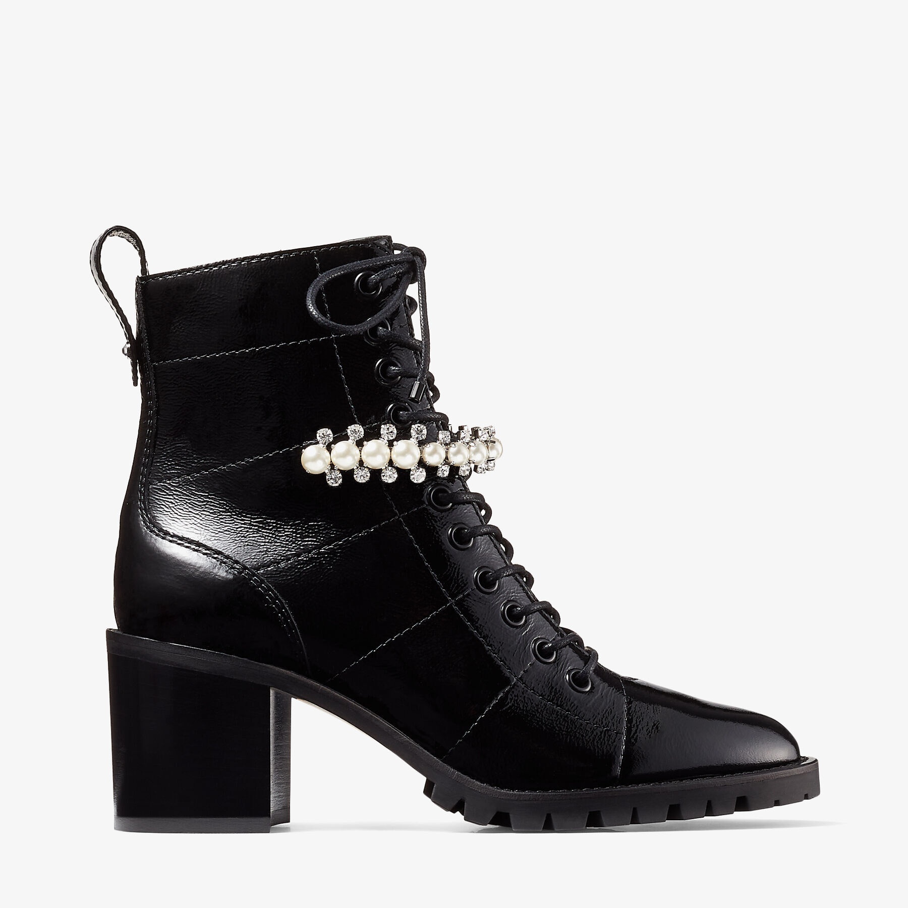 Cruz 65
Black Naplack Lace-Up Combat Boots with Crystal and Pearl Detailing - 1