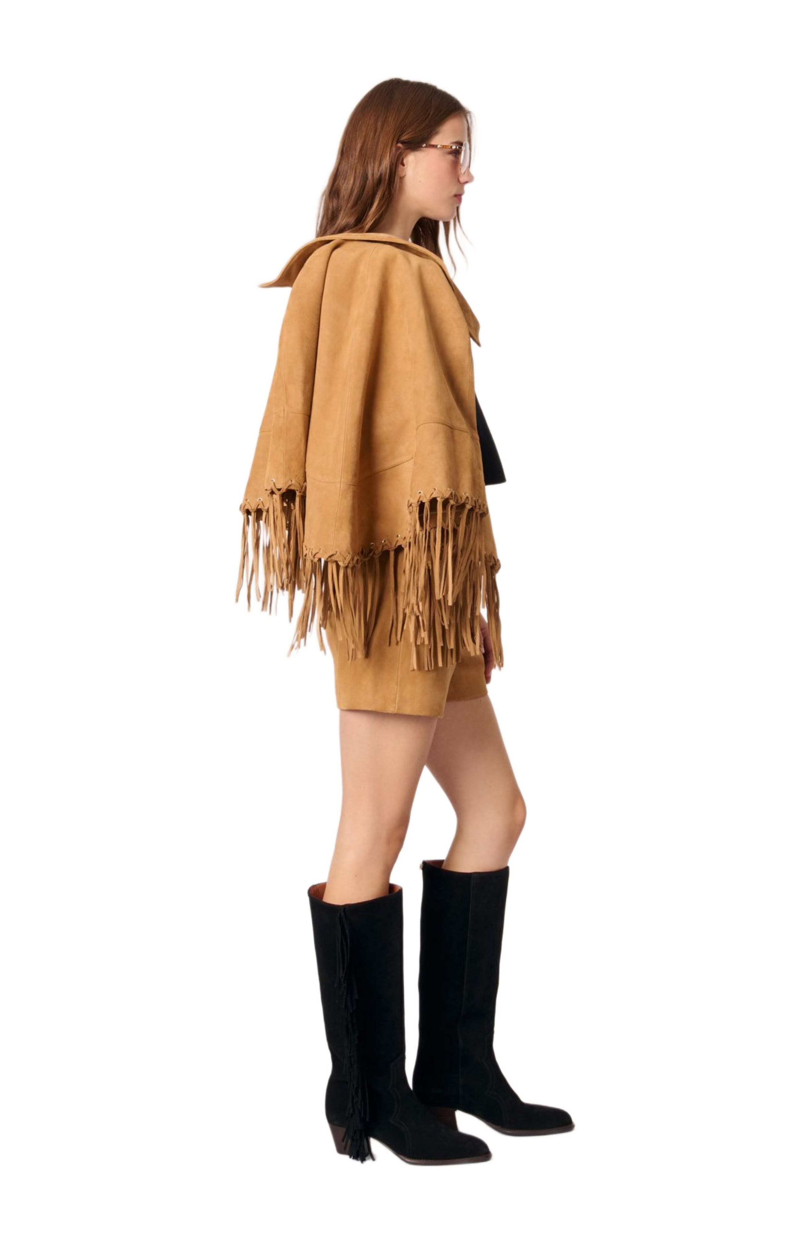 maje Fringed nubuck shorts in Beige at Nordstrom - 2