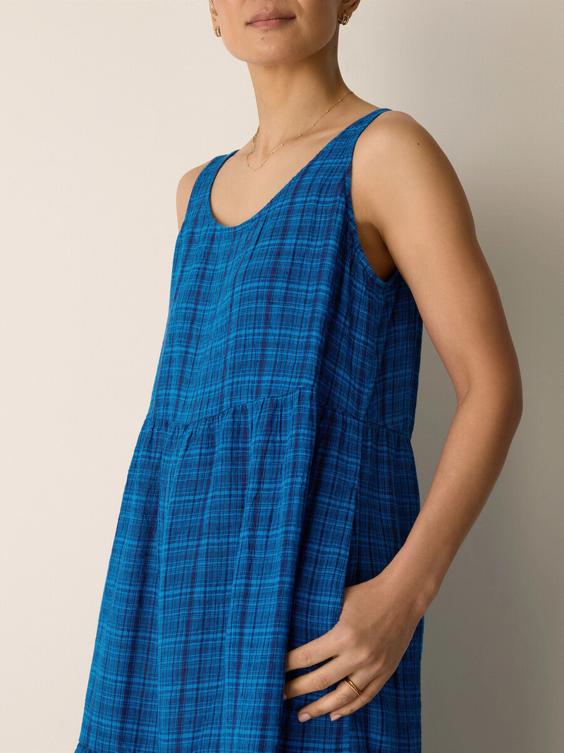 Puckered Organic Linen Plaid Tiered Dress 5