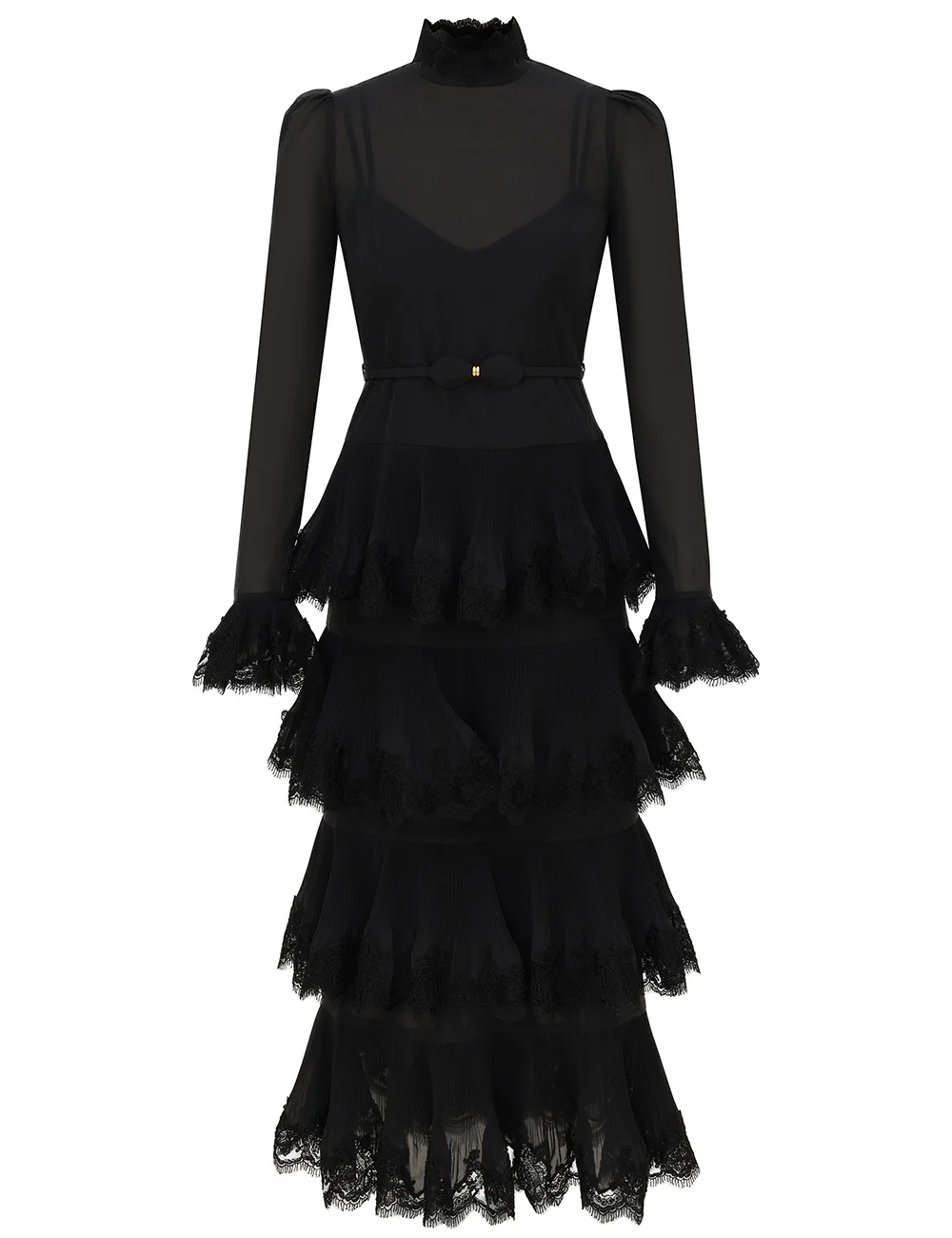 LACE PLEATED LONG SLEEVE MIDI - 1