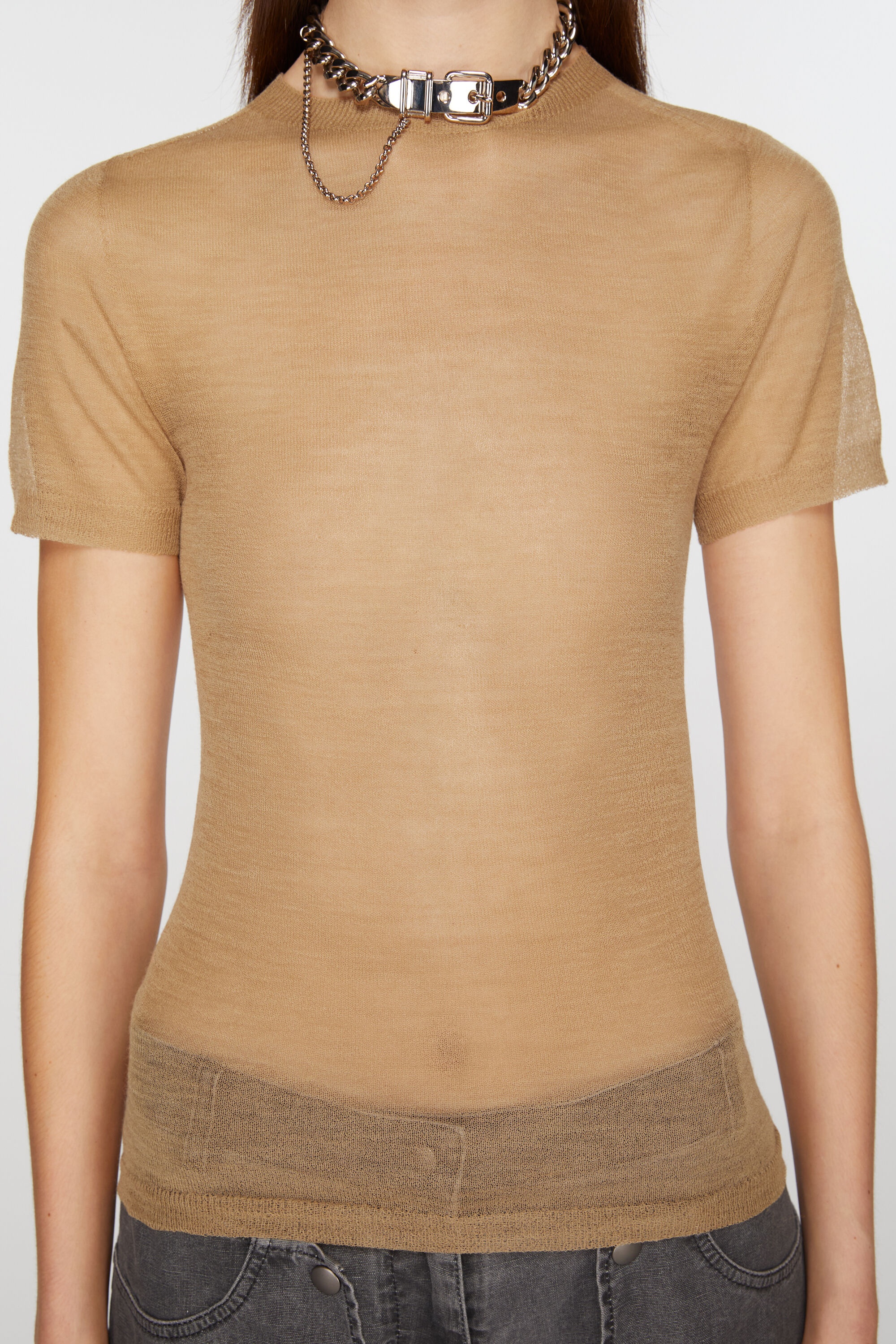 Sheer knit t-shirt - Camel Beige - 4