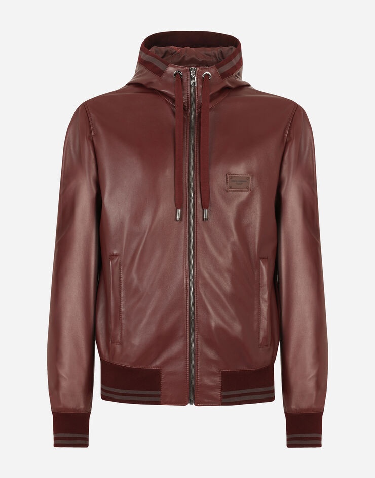 Leather jacket with hood and branded plate - 1