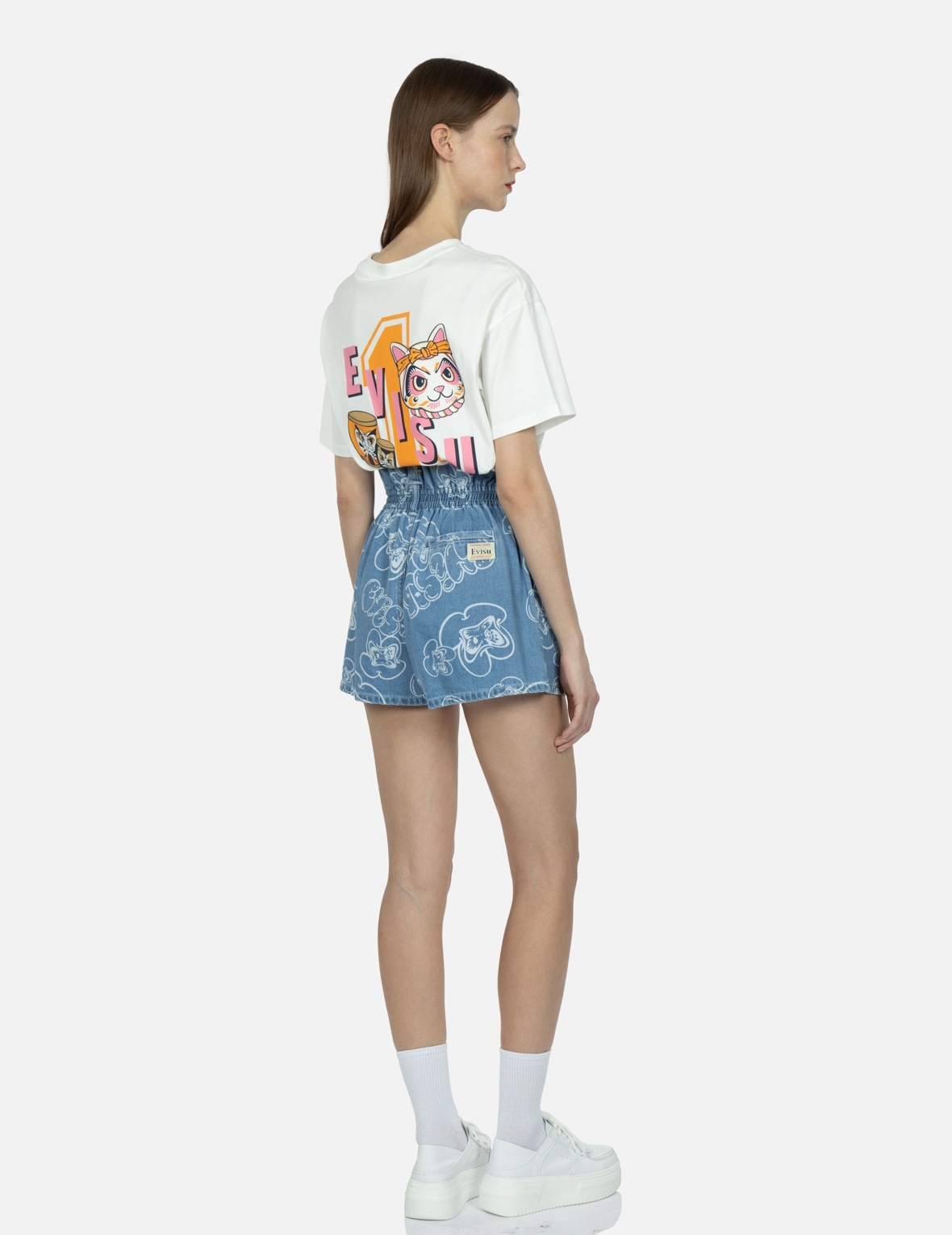 ALLOVER GRAFFITI DARUMA AND LOGO LASER-PRINT DENIM SHORTS - 4