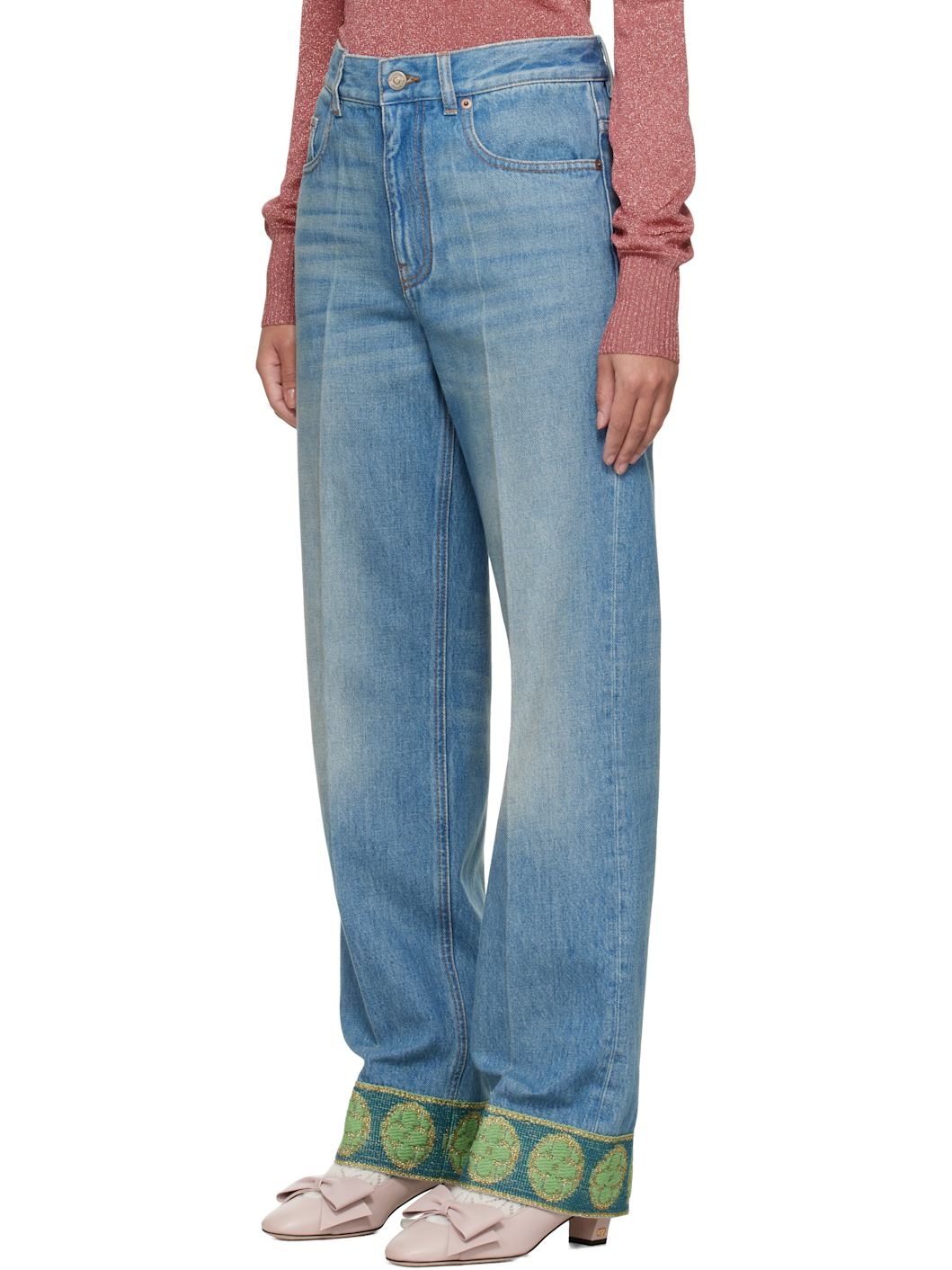 Blue Jacquard Trims Jeans - 4