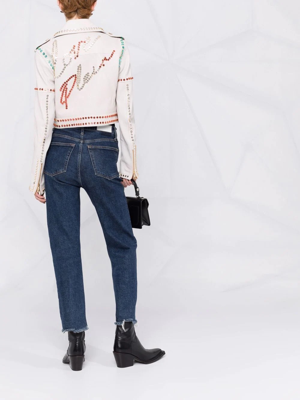 crystal-trim studded cropped biker jacket - 6