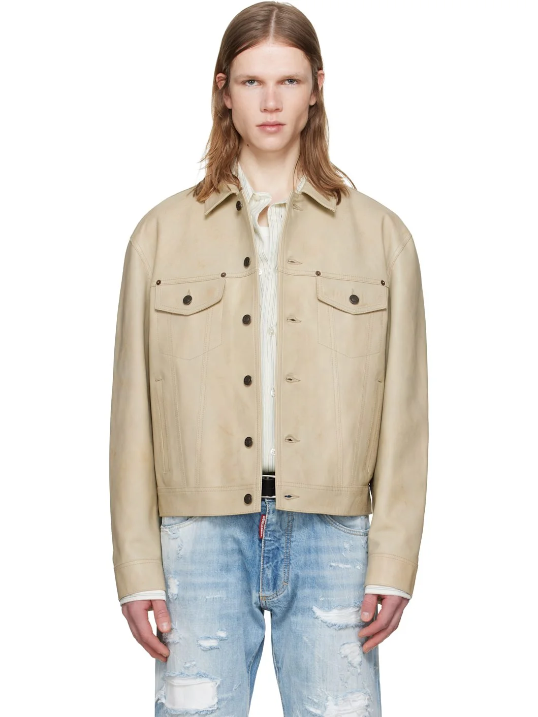 Beige Leather Jean Jacket - 1