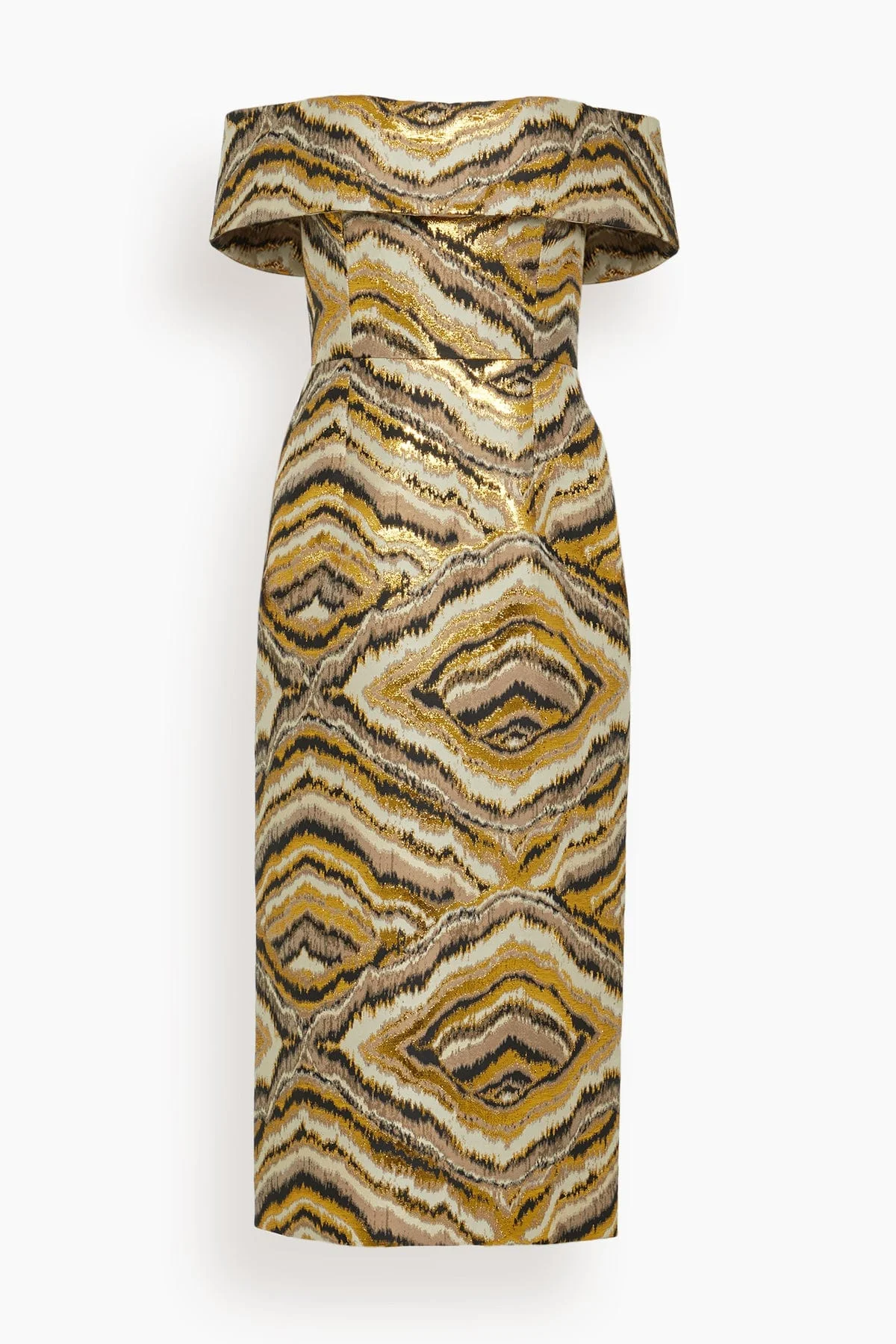 Gloria Jacquard Off The Shoulder Midi Dress in Metallic Woodgrain - 1