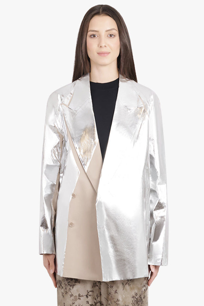 Dries Van Noten CAPLAN SILVER OVERLAY DOUBLE BREASTED SHIRT JACKET | SILVER/SAND outlook