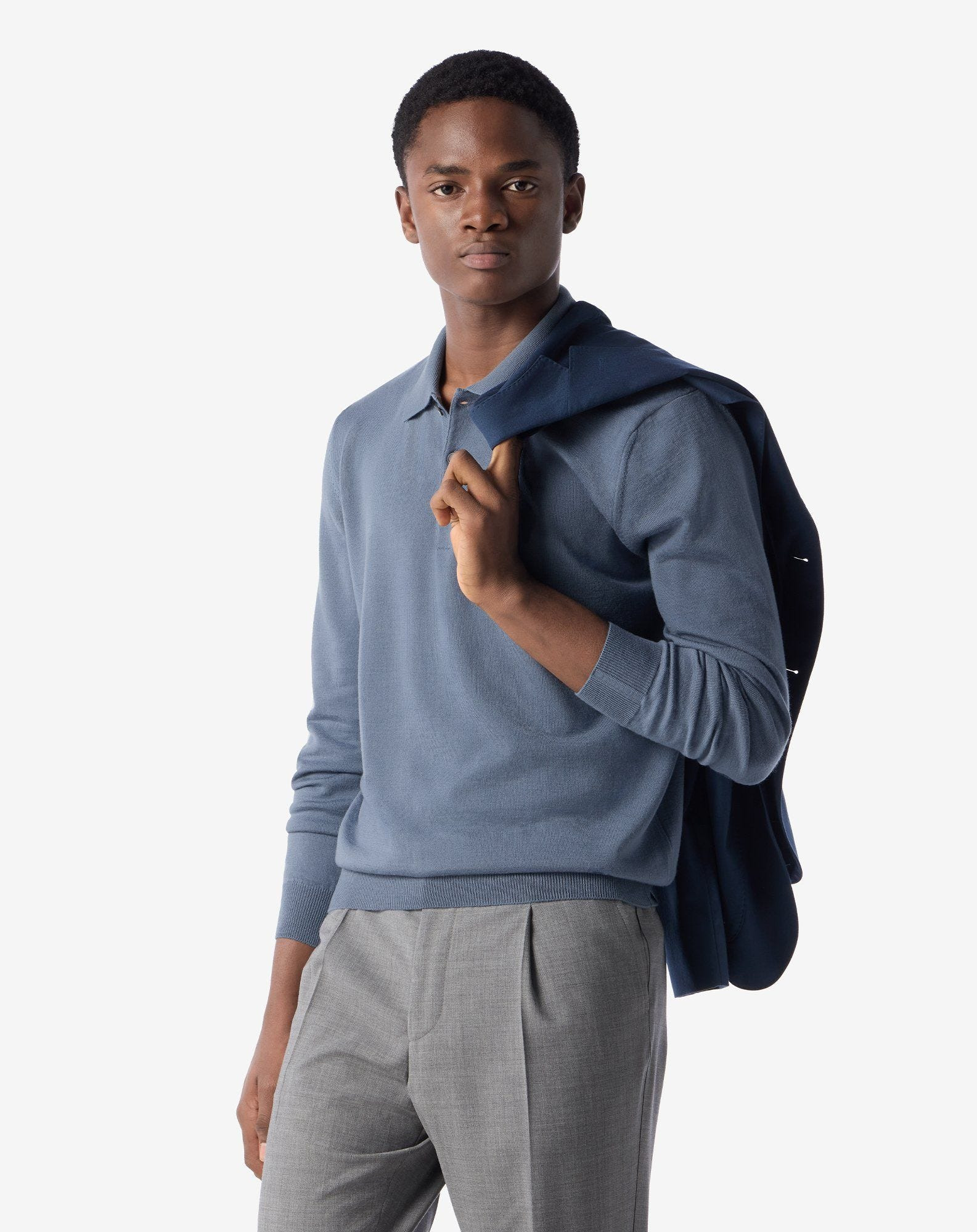 Sugar paper blue extra fine merino wool button-up polo - 3