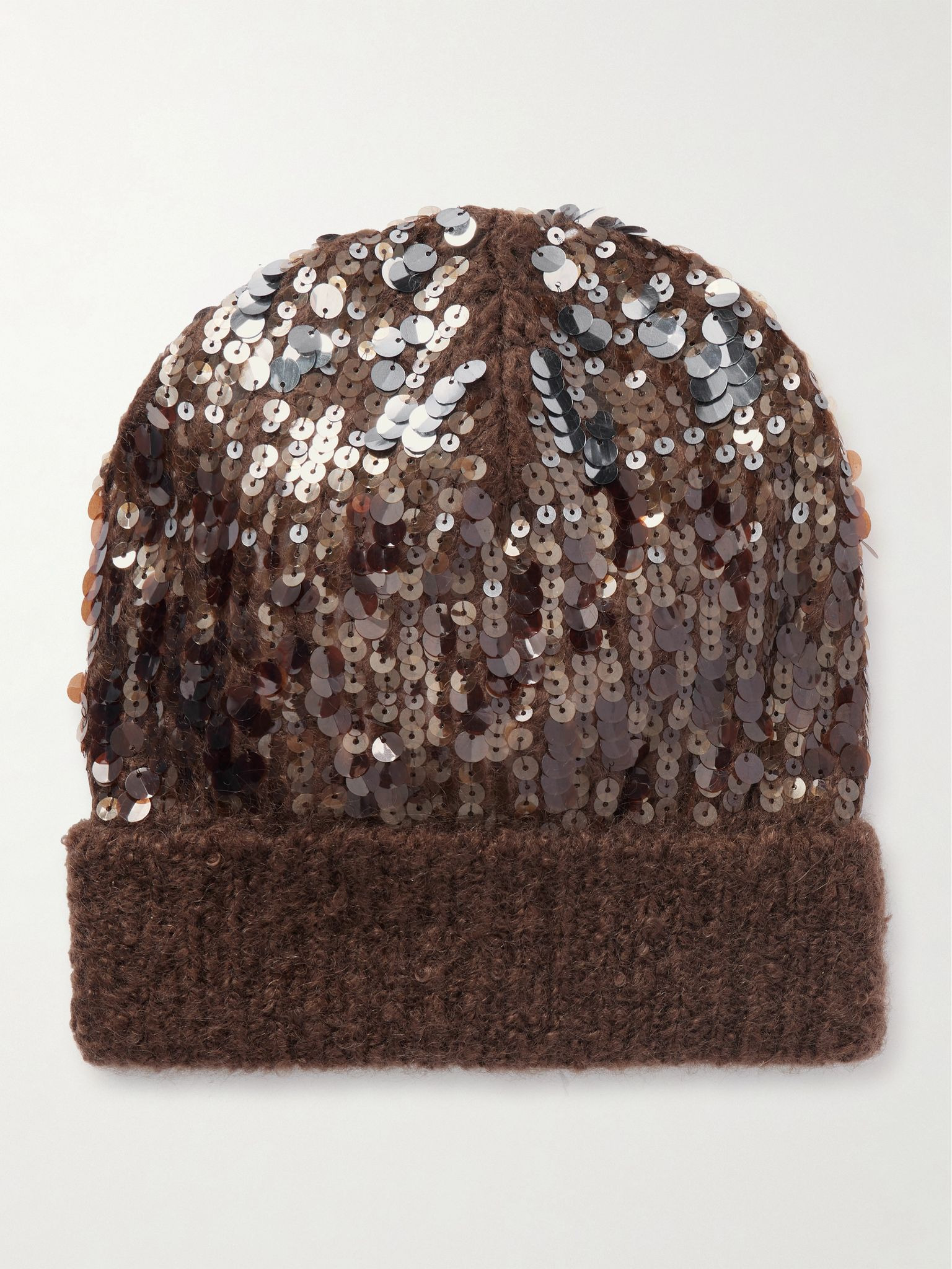 Sequined ribbed mohair-blend beanie Brown - 1