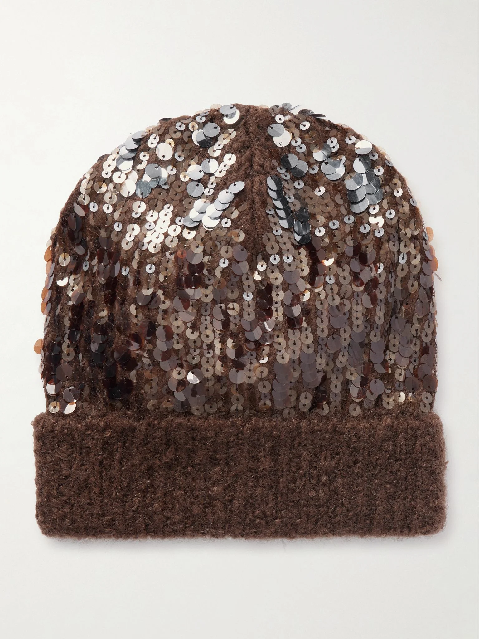 Sequined ribbed mohair-blend beanie Brown - 1