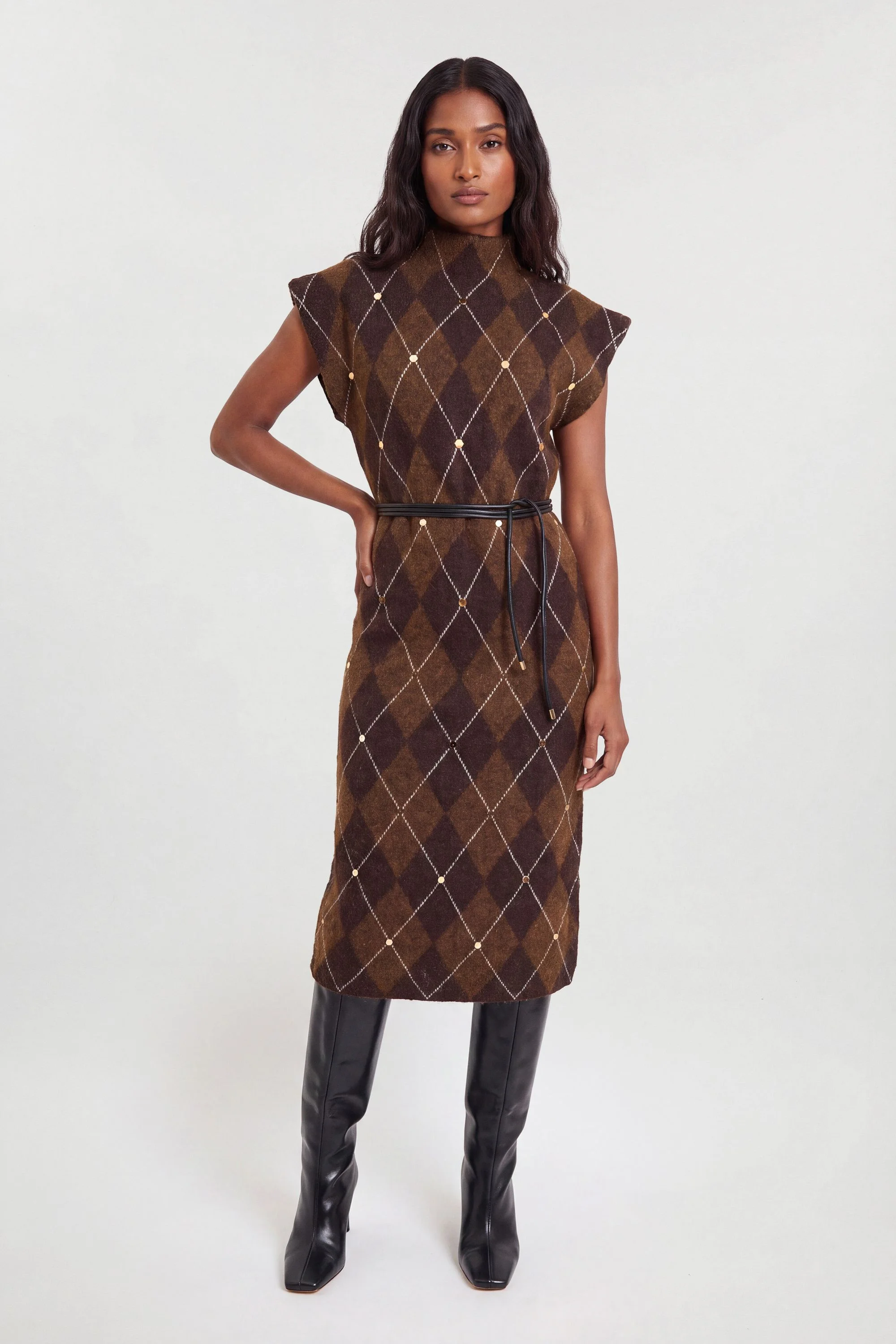 Studded Argyle Wool Blend Cosy Knit Belted Midi Dress - 1