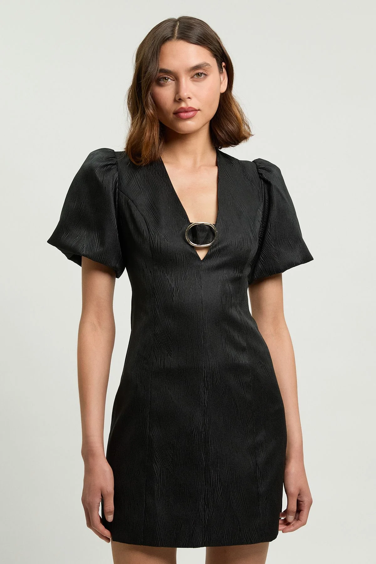 Tailored Puff Sleeve Trim V Neck Detail Mini Dress - 1