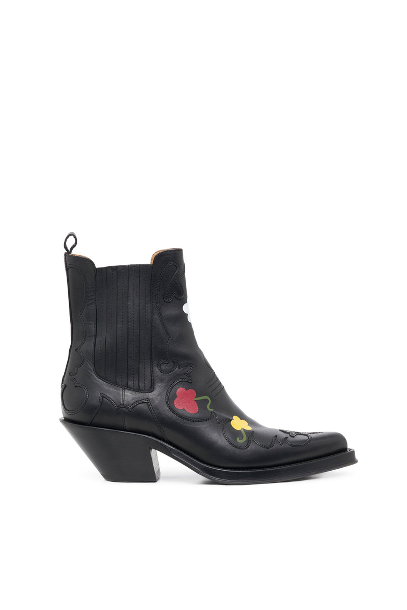 Hand Painted Cassidy Cowboy Ankle Boot in Black, Yellow & White Floral Leather 1