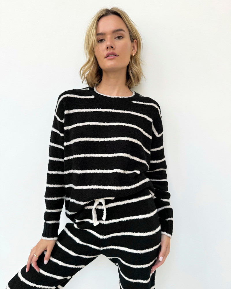 Splendid Black and Oat Stripe Fuzzy Sweater PJ Set outlook