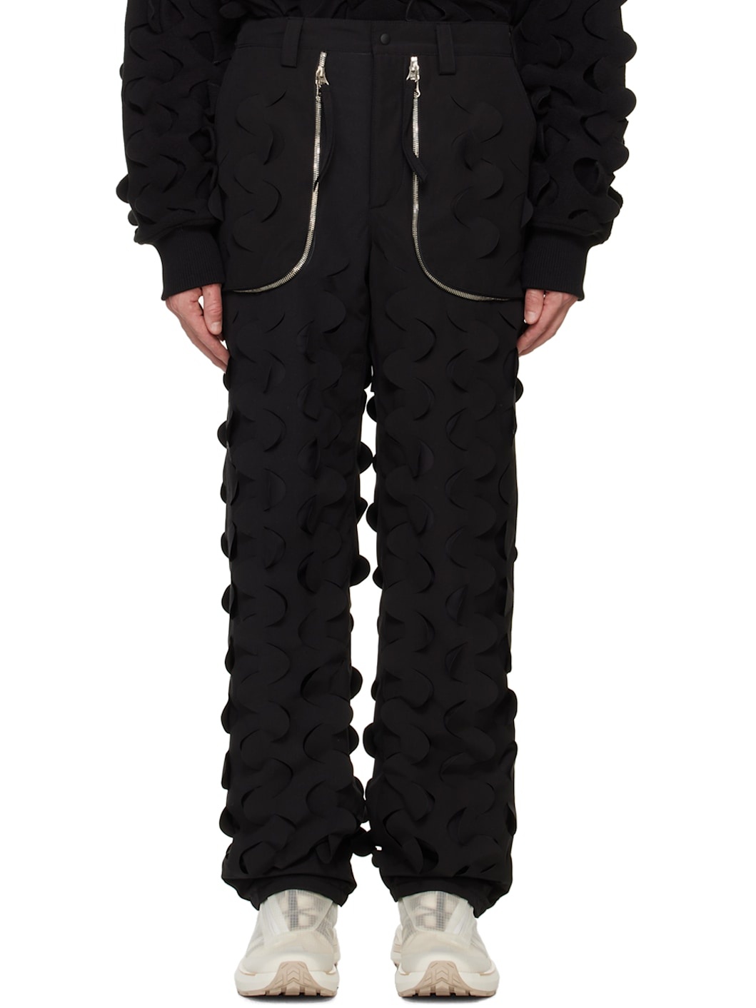 Black Laser-Slashed Padded Trousers - 1