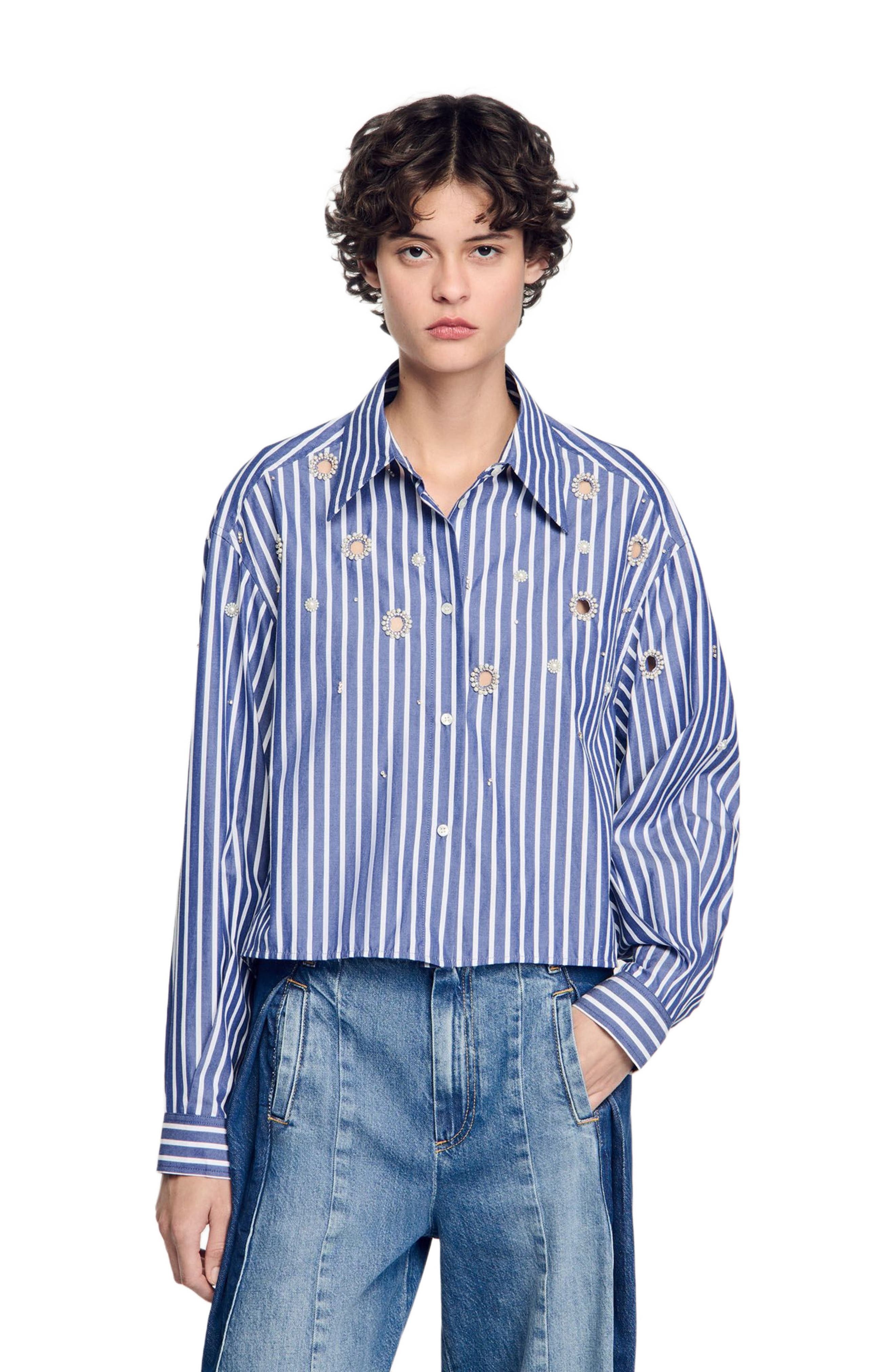 SANDRO Beaded striped shirt in Blue at Nordstrom - 3