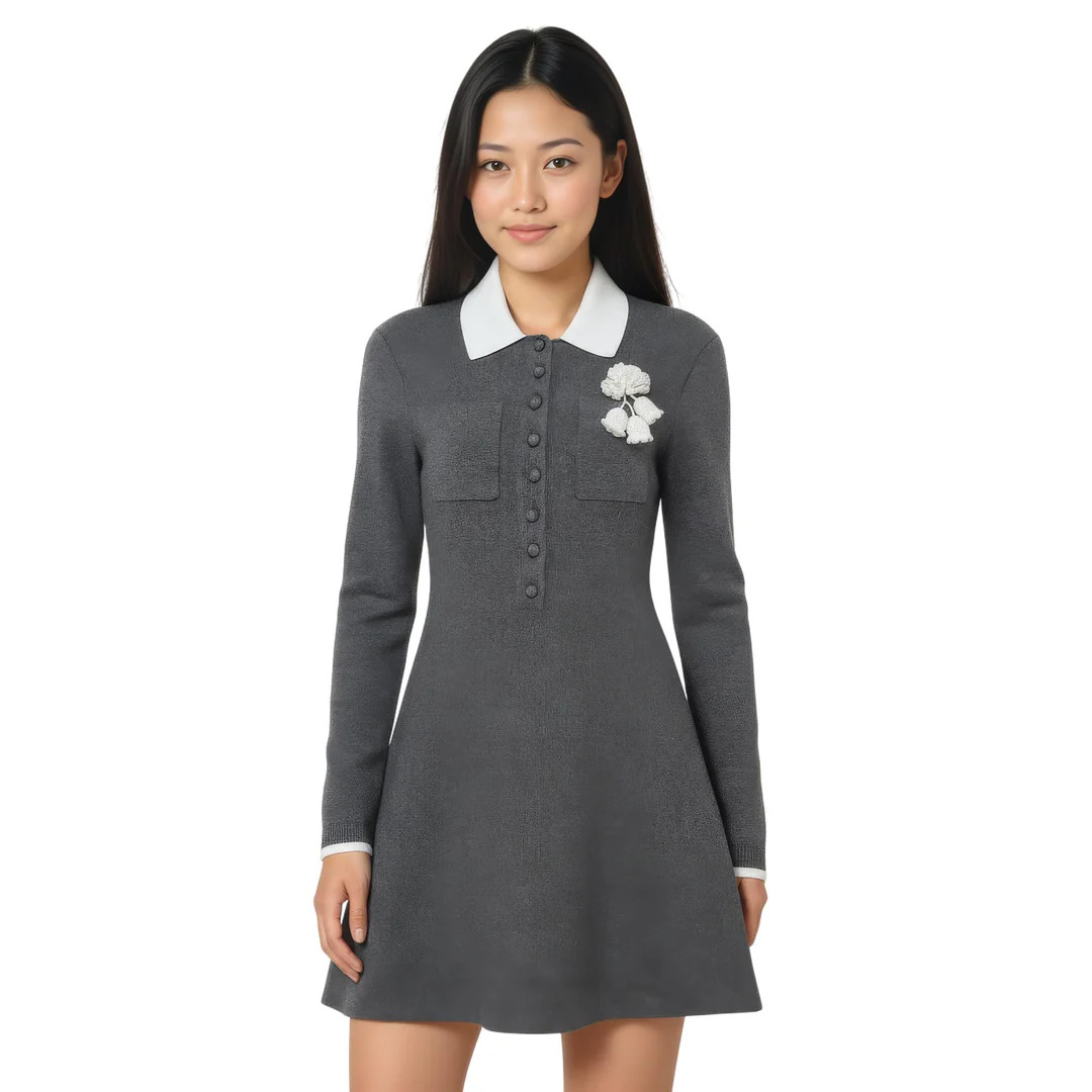 Grey Crochet Flower Collared Dress - 2