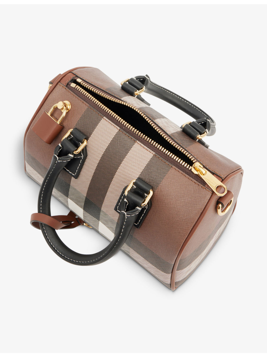 Check-print mini woven and leather top-handle bowling bag - 4